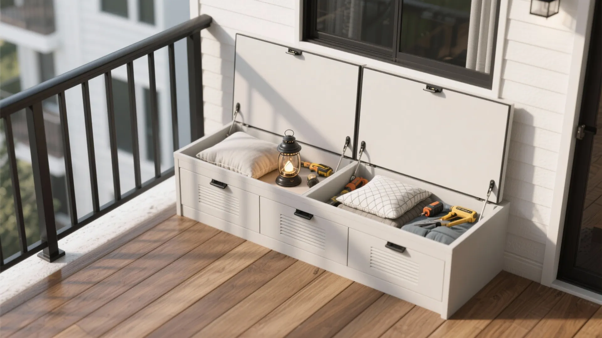 Low-height storage bench with hinged lids conceals cushions and gear on a 6-foot balcony.