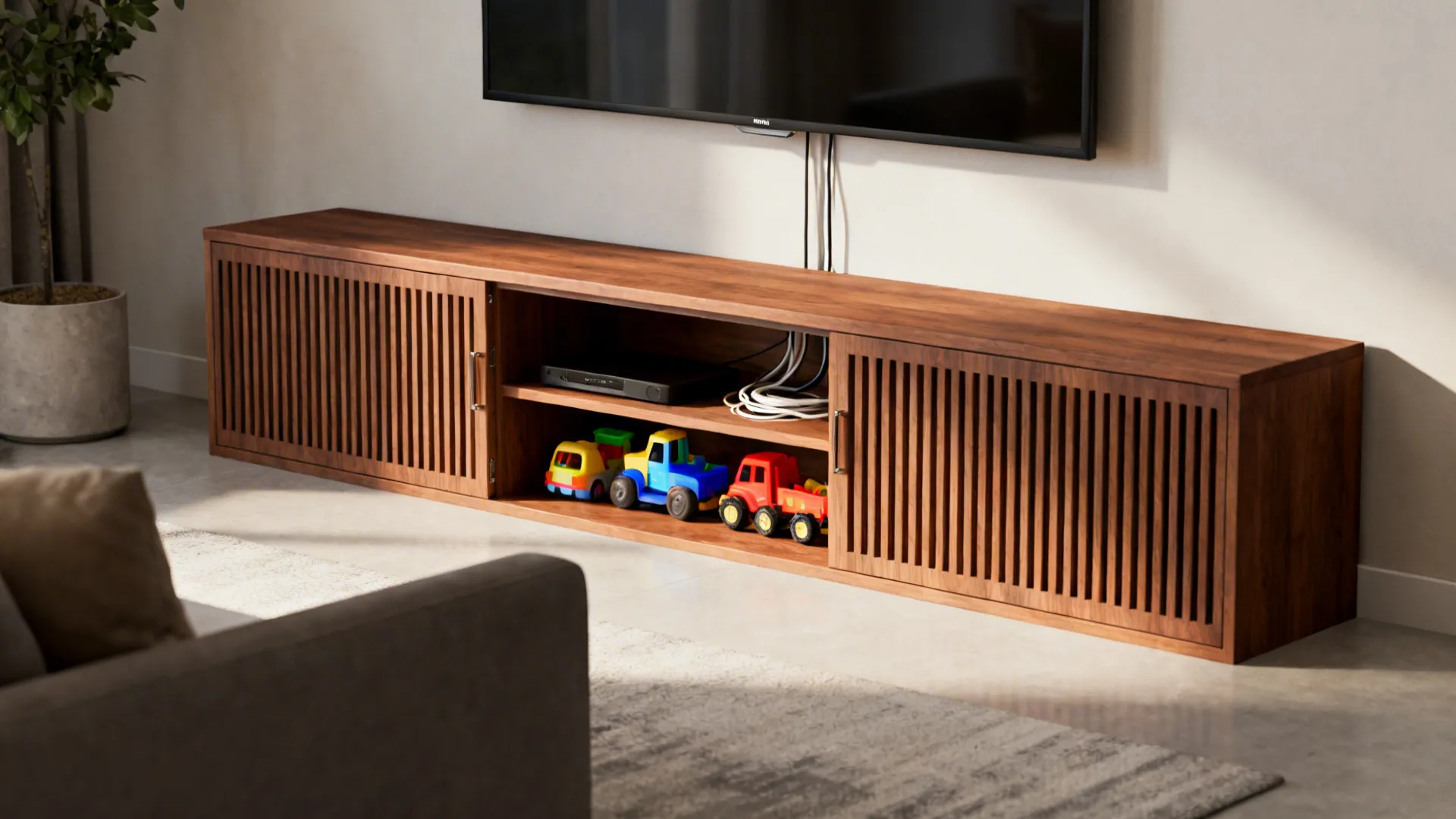 Low-profile wooden media bench with slatted doors and concealed storage in a modern living room