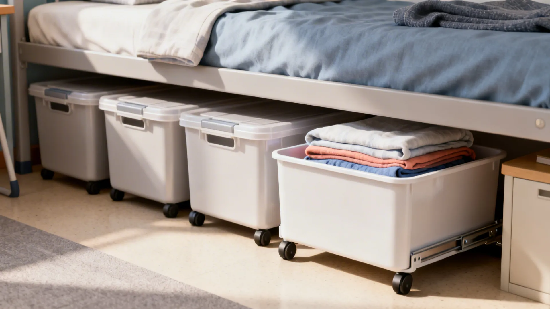 Low-profile rolling bins stored under a dorm bed with one pulled out