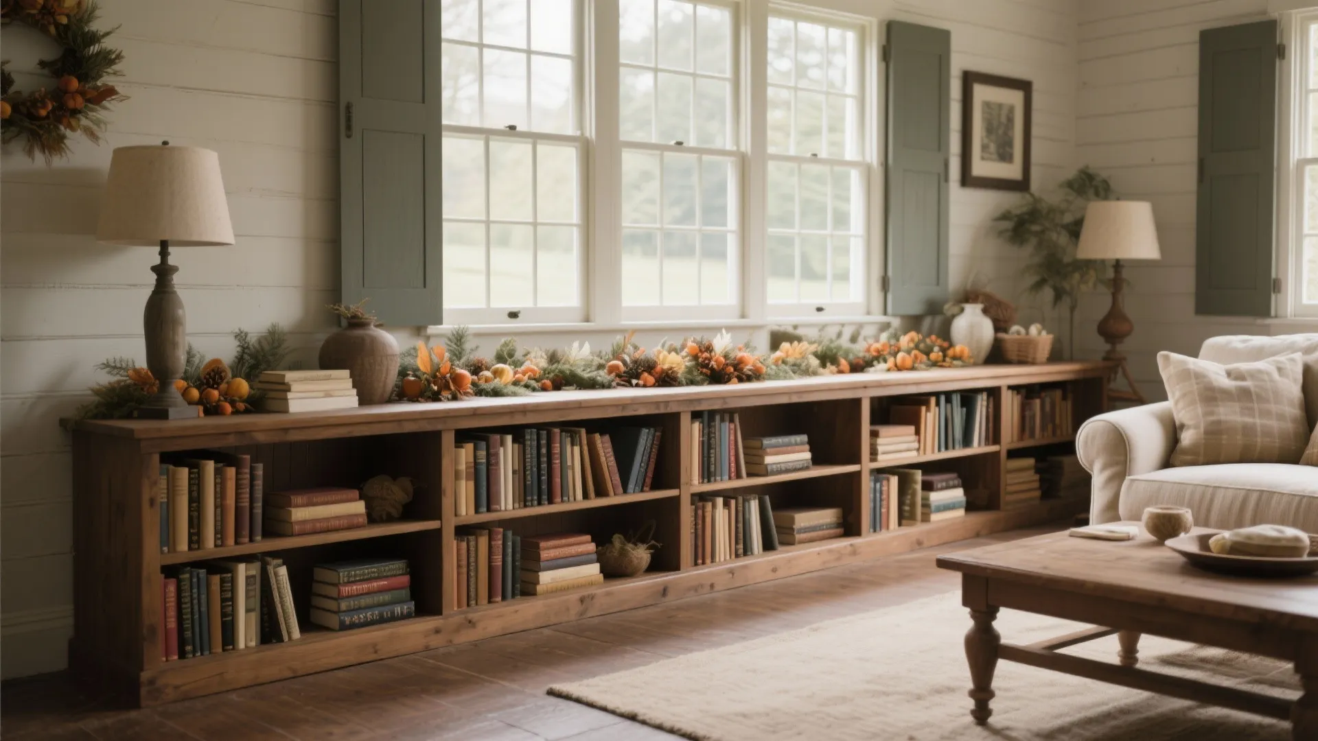 Long wooden bookcase under windows decorated with autumn greenery, featuring books, lamps, and a sofa