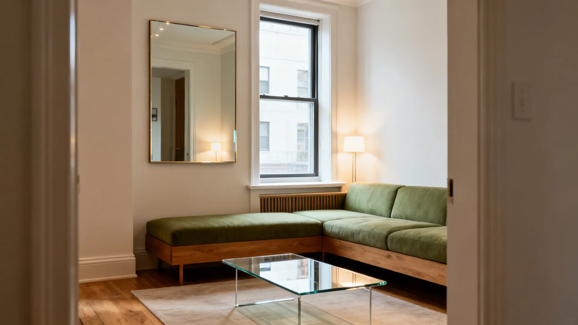 Low-profile L-shaped sofa with glass table and mirror enhancing brightness.