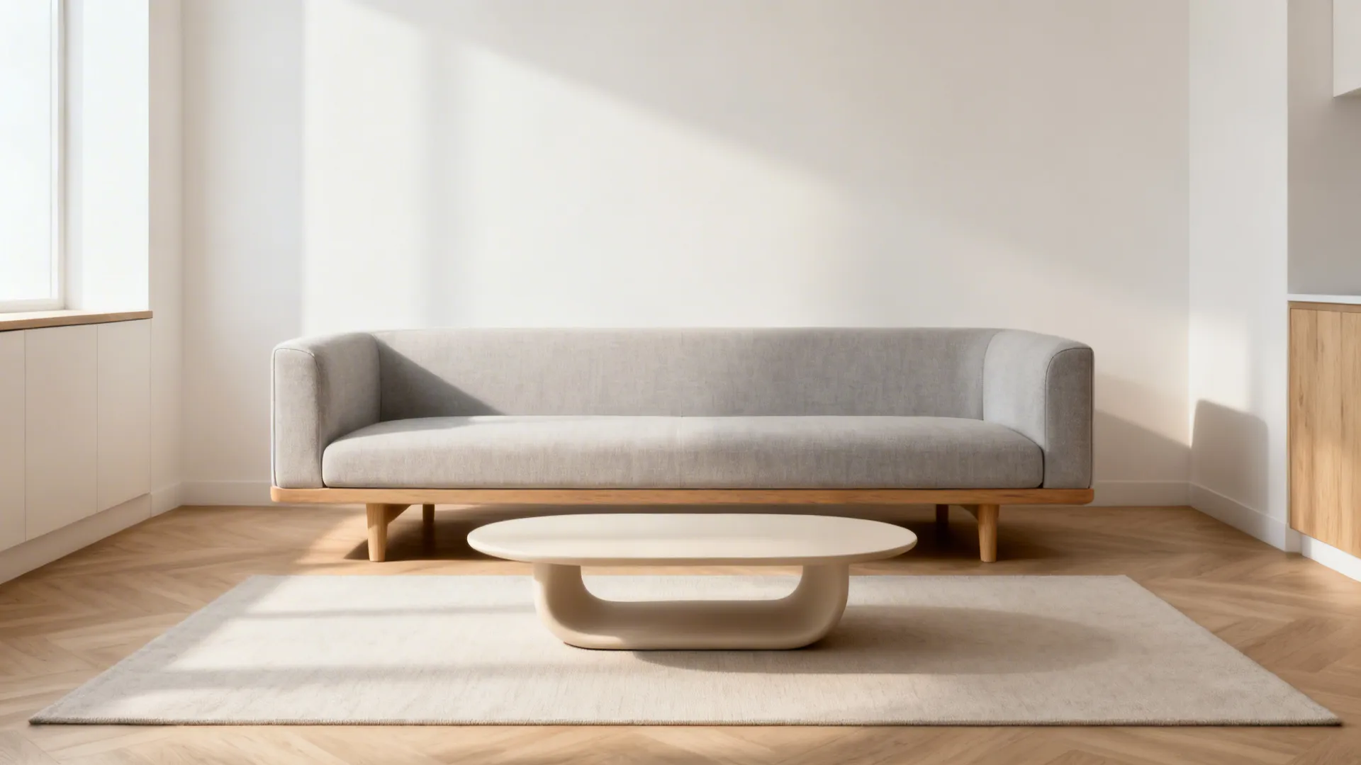 Low-profile sofa with raised legs and a pale rug in a warm neutral living room.