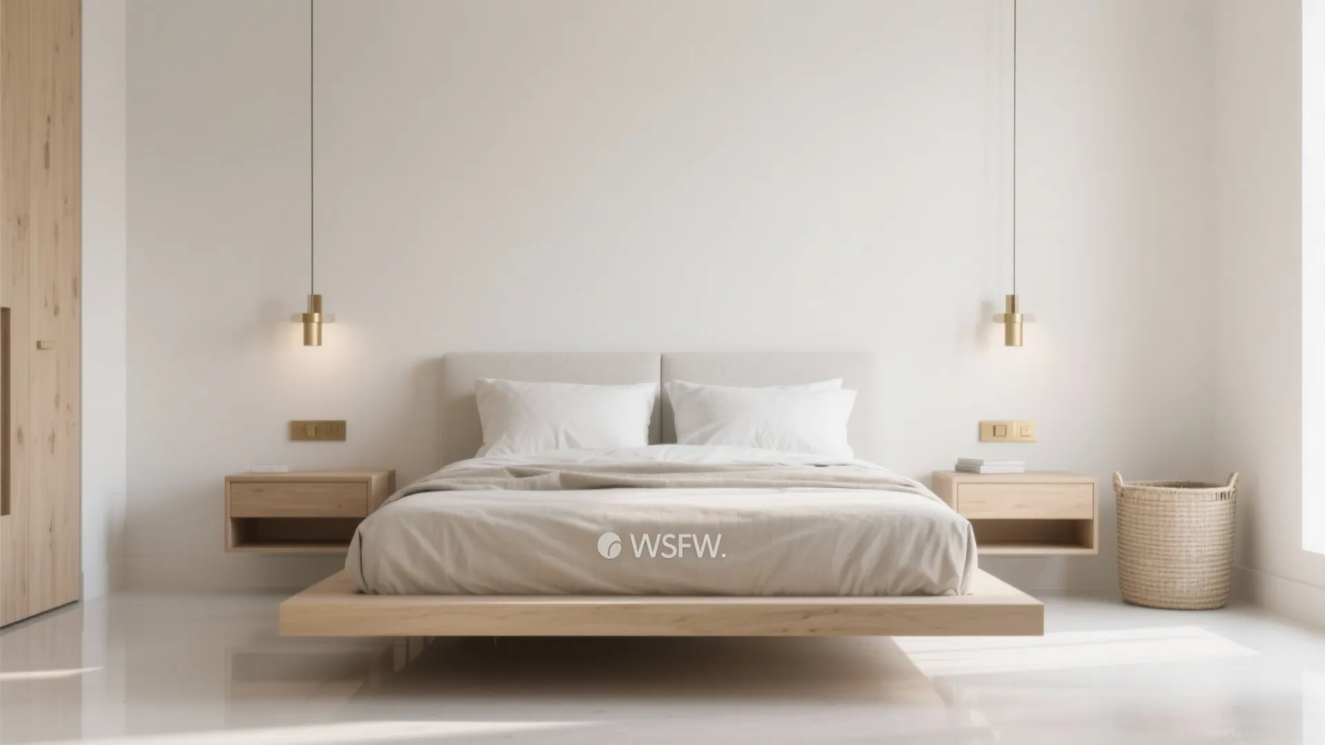 Low-Profile Bed, Floating Nightstands, and Sconces