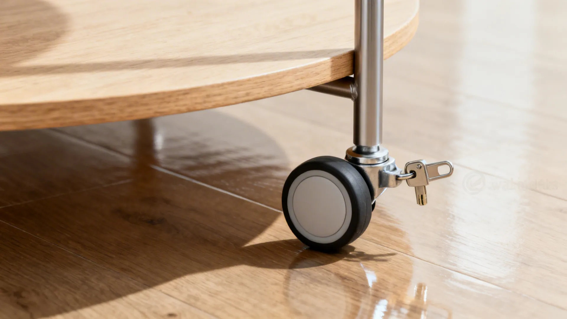 Close-up of a low-profile locking caster on a slim metal table leg over hardwood.