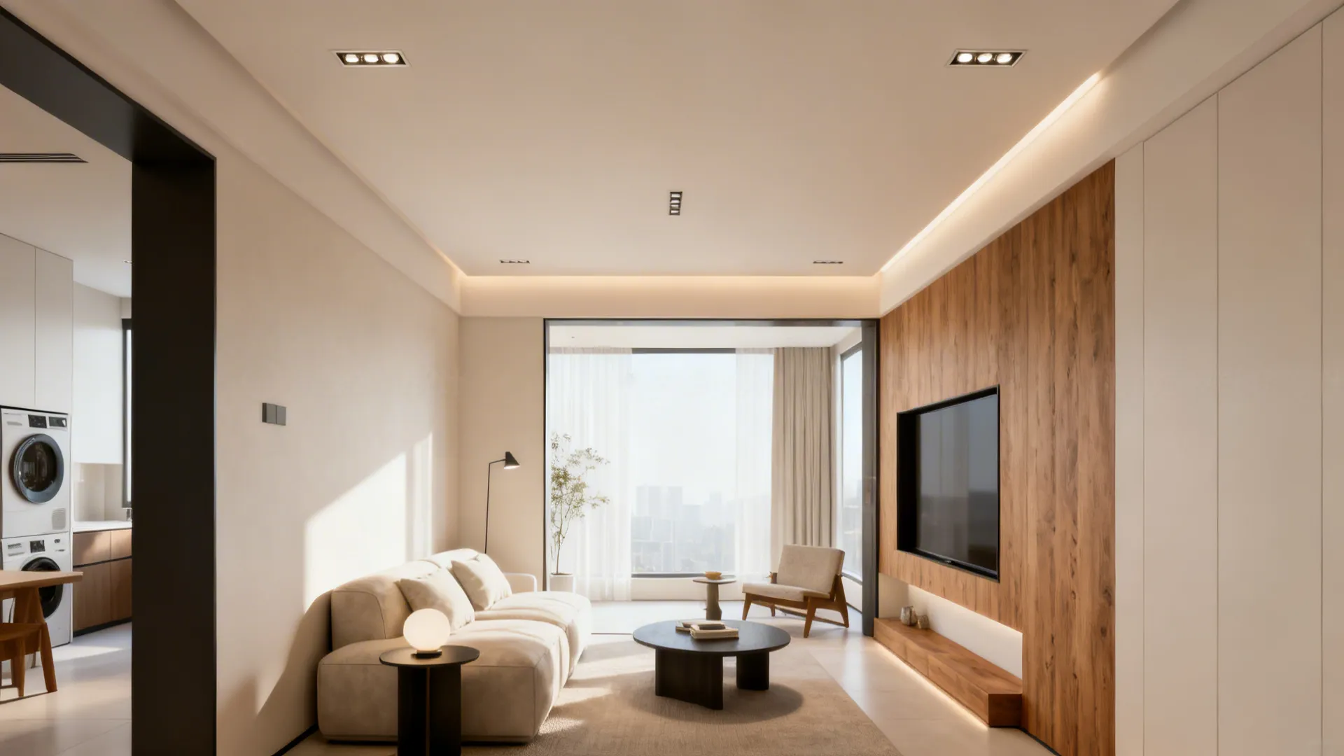 Compact living room with low-profile recessed trims that preserve sightlines in a low ceiling.