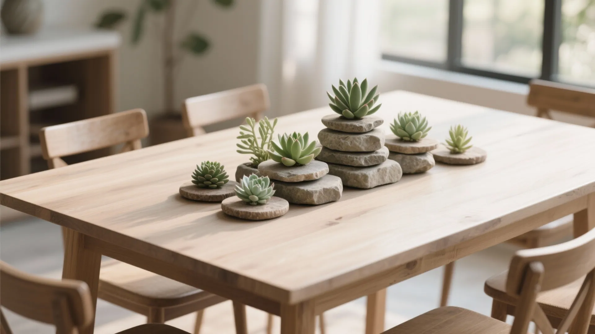 Small green succulent plants growing on stacked grey stones placed on a light wooden table
