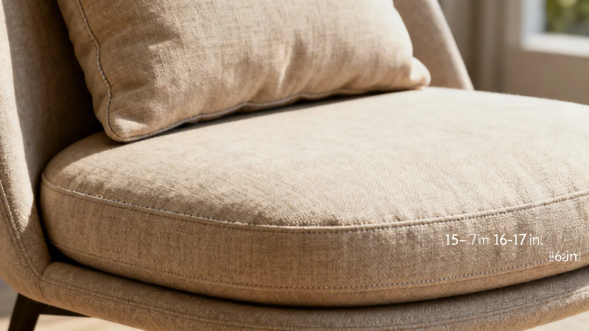 Close-up of a low-profile chair with a firm cushion and removable lumbar pillow