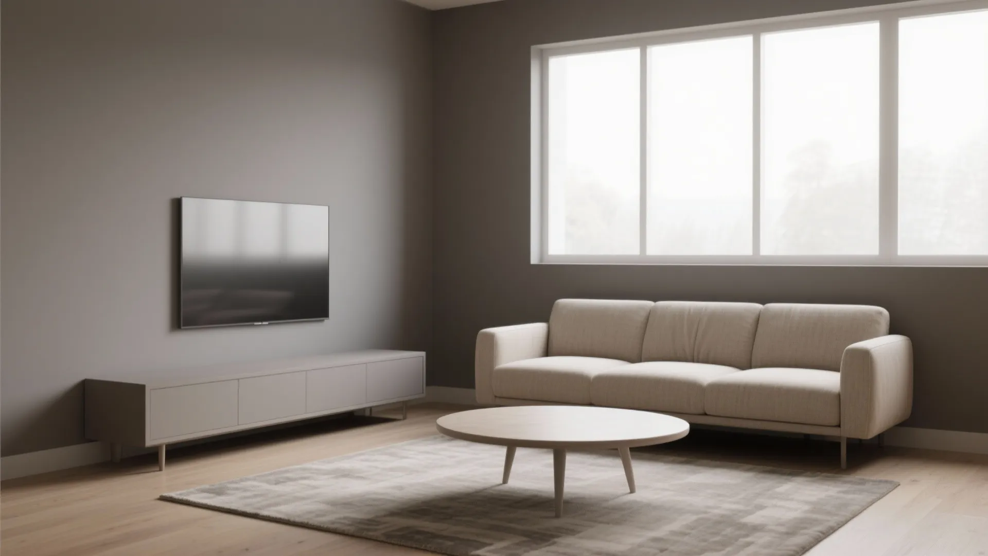 Modern minimalist living room with grey sofa wooden coffee table television cabinet and large window
