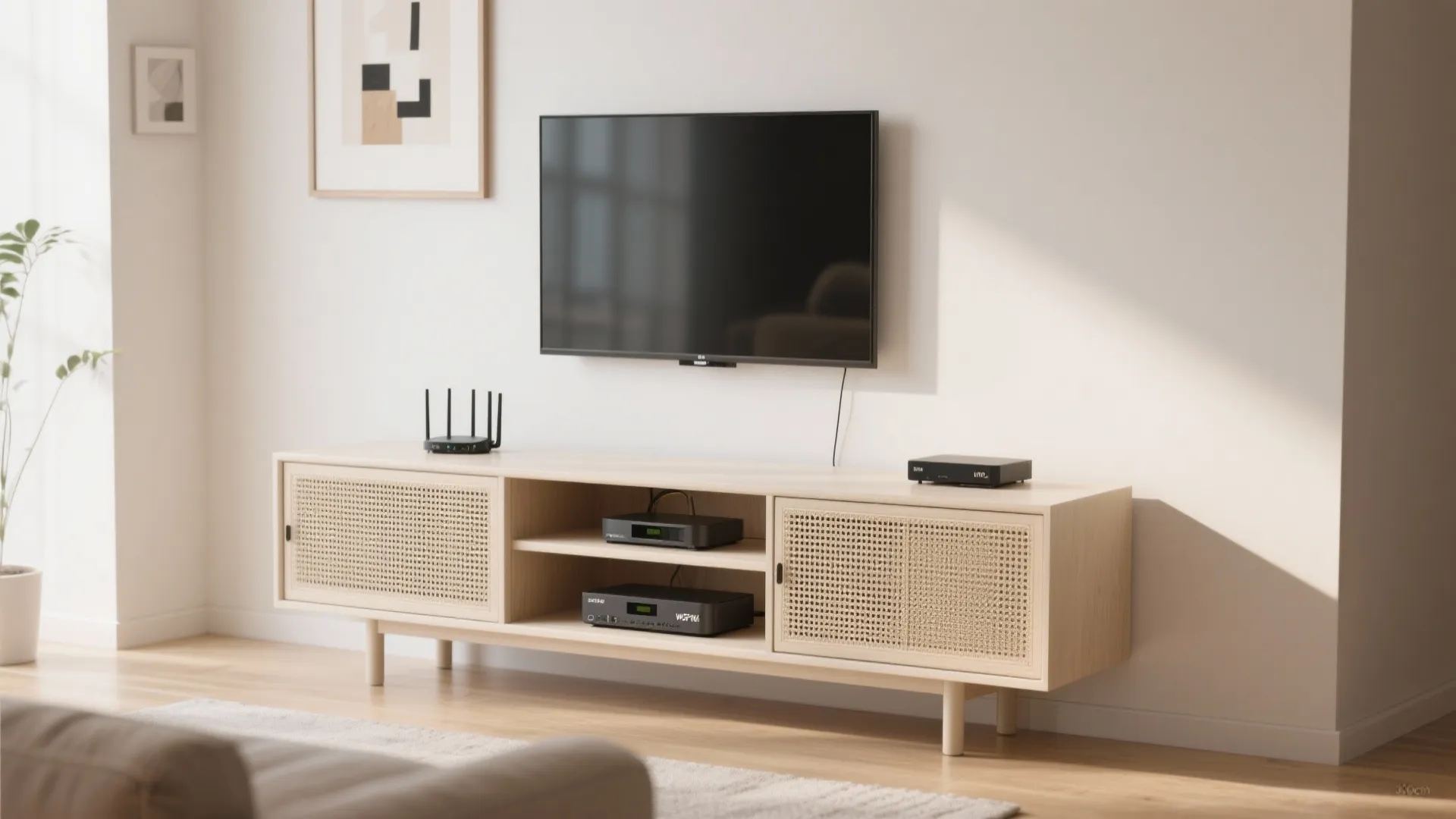 Low-profile media console that doubles as storage