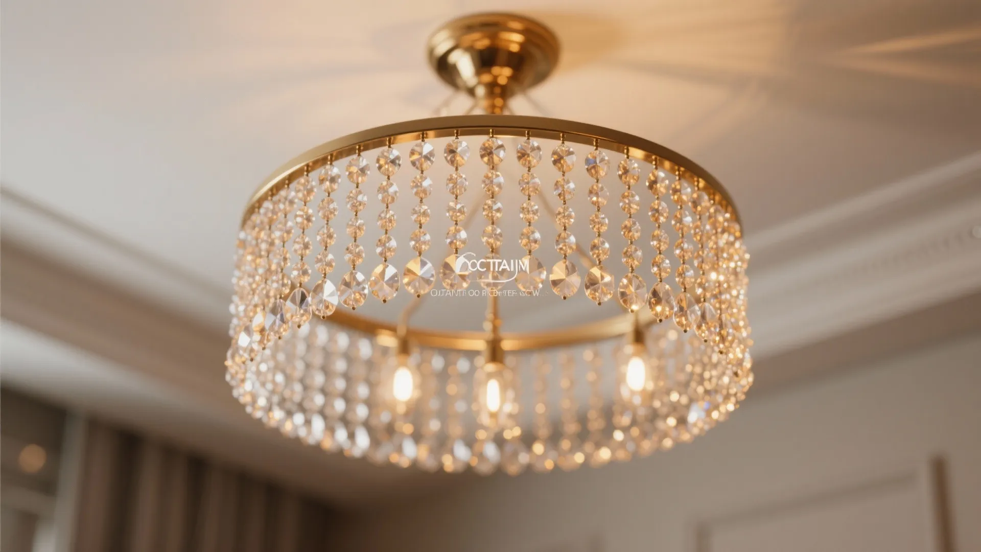 Close up view of a round gold ceiling light with many hanging small crystal beads