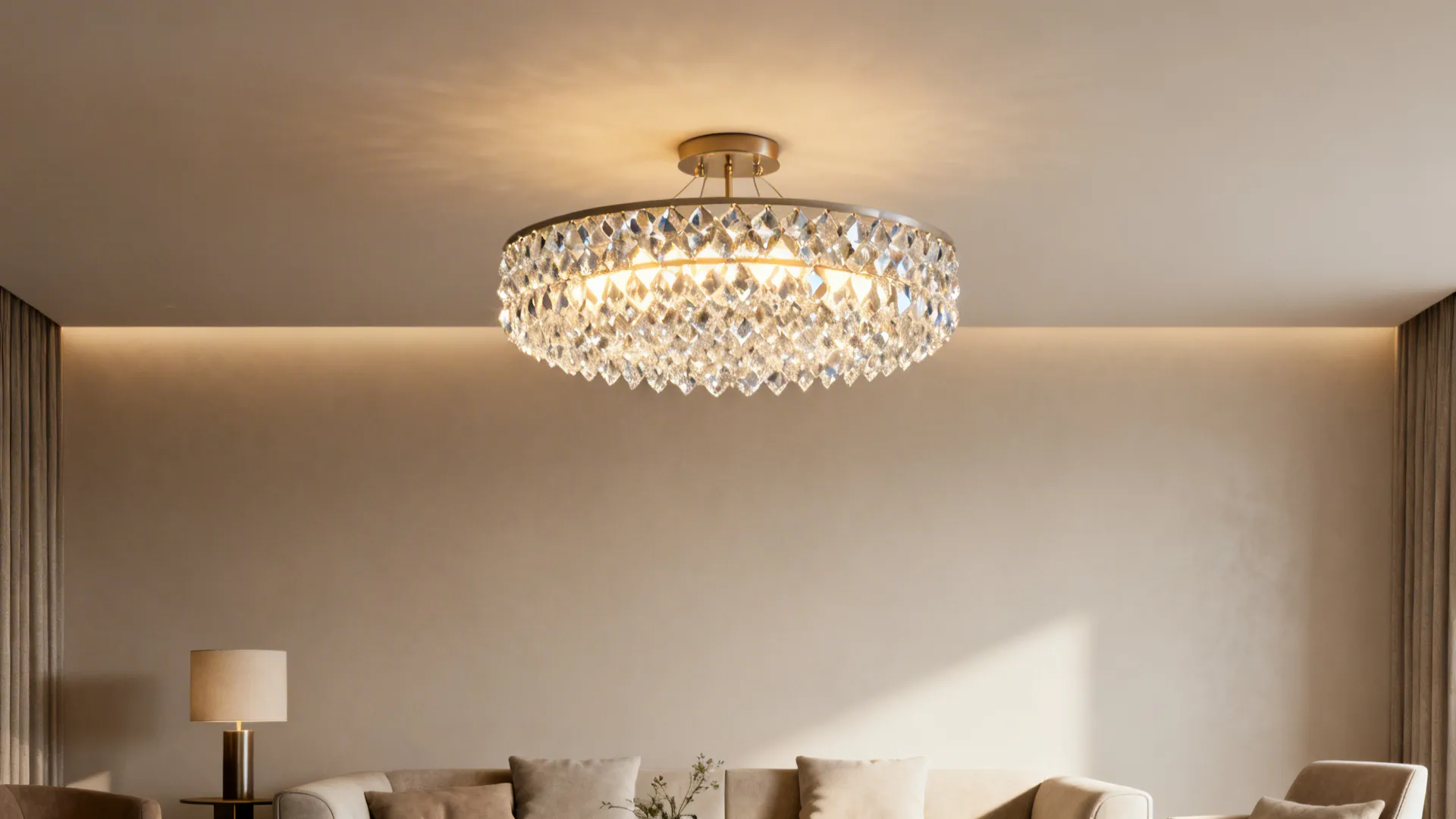 Small living room with a low-profile crystal semi-flush chandelier reflecting warm light