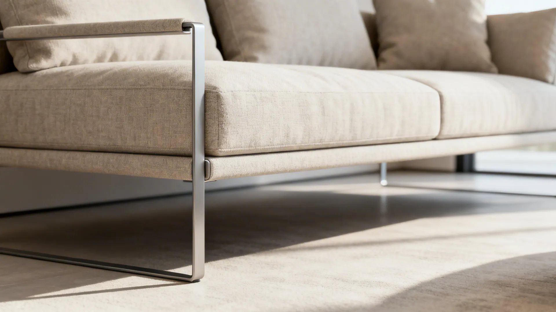 Close-up of a low-profile daybed leg and slim arm with firm cushions in soft daylight.