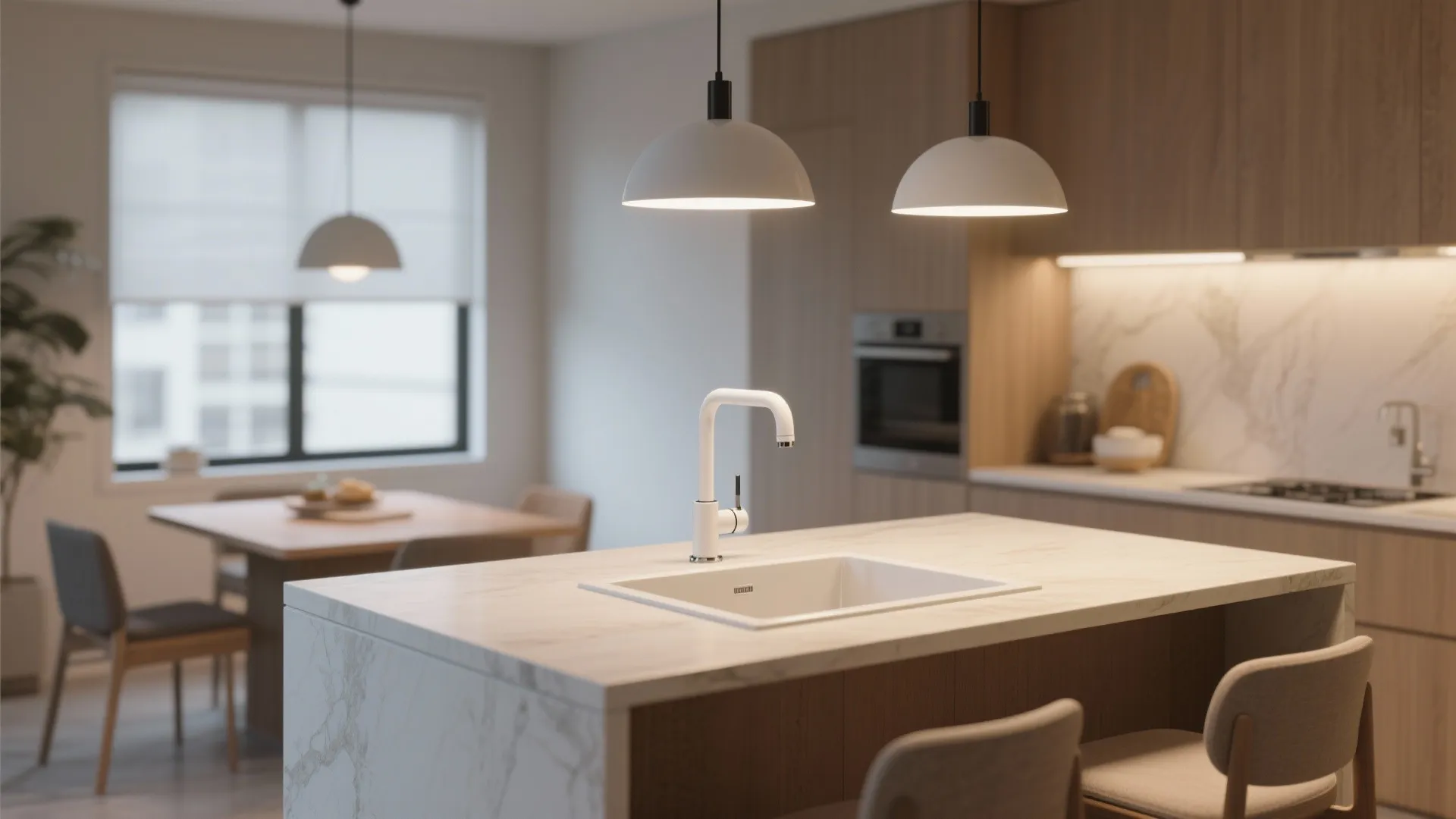 5. Low-profile deck-mounted white faucet for compact islands