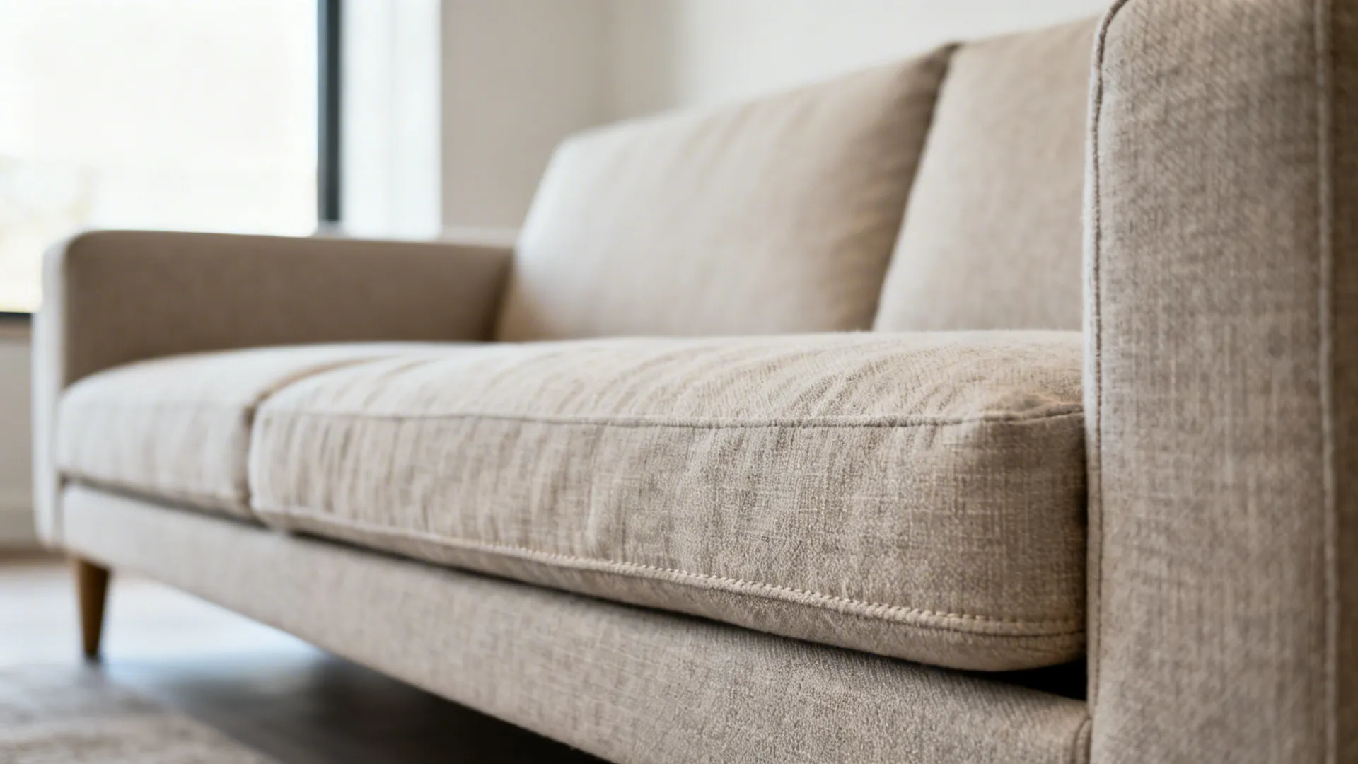 Beige fabric sofa with wooden legs and soft cushions placed in a bright living room