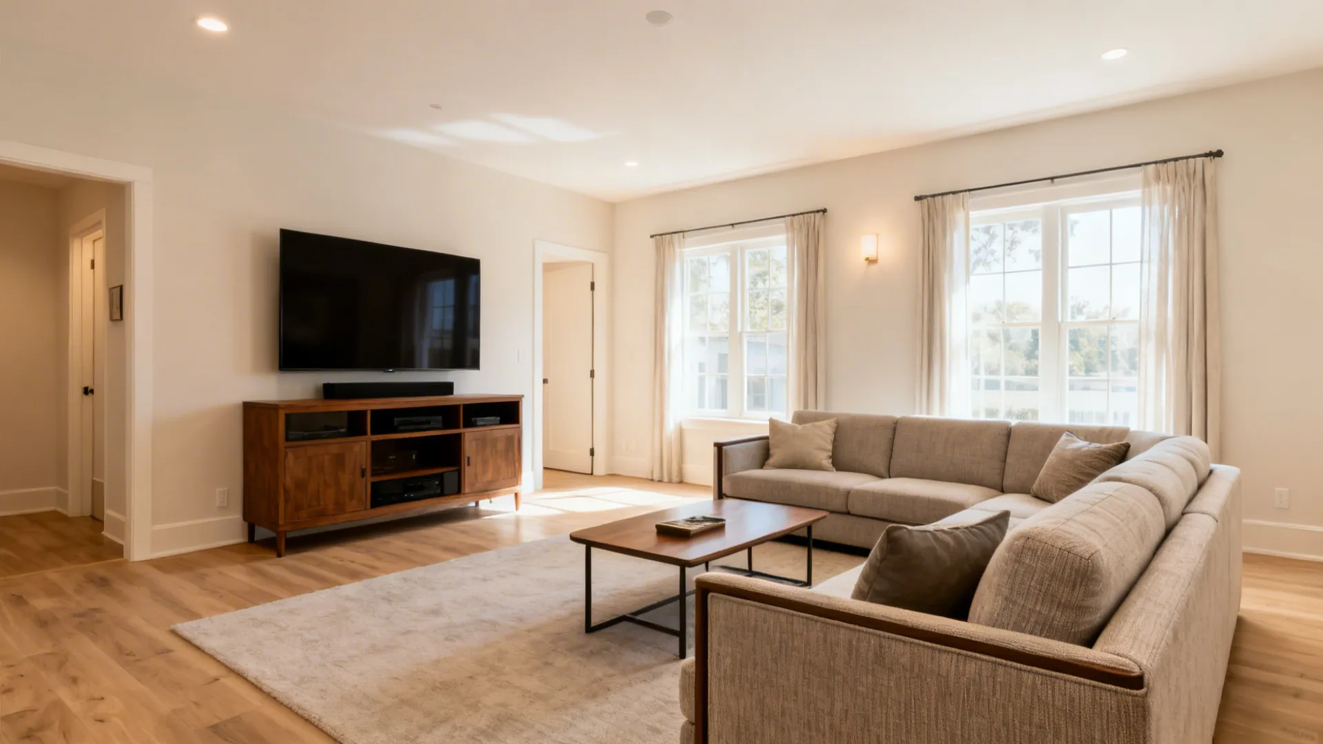 Low-back U-shaped sectional with deep seats and slim arms in a compact media room.