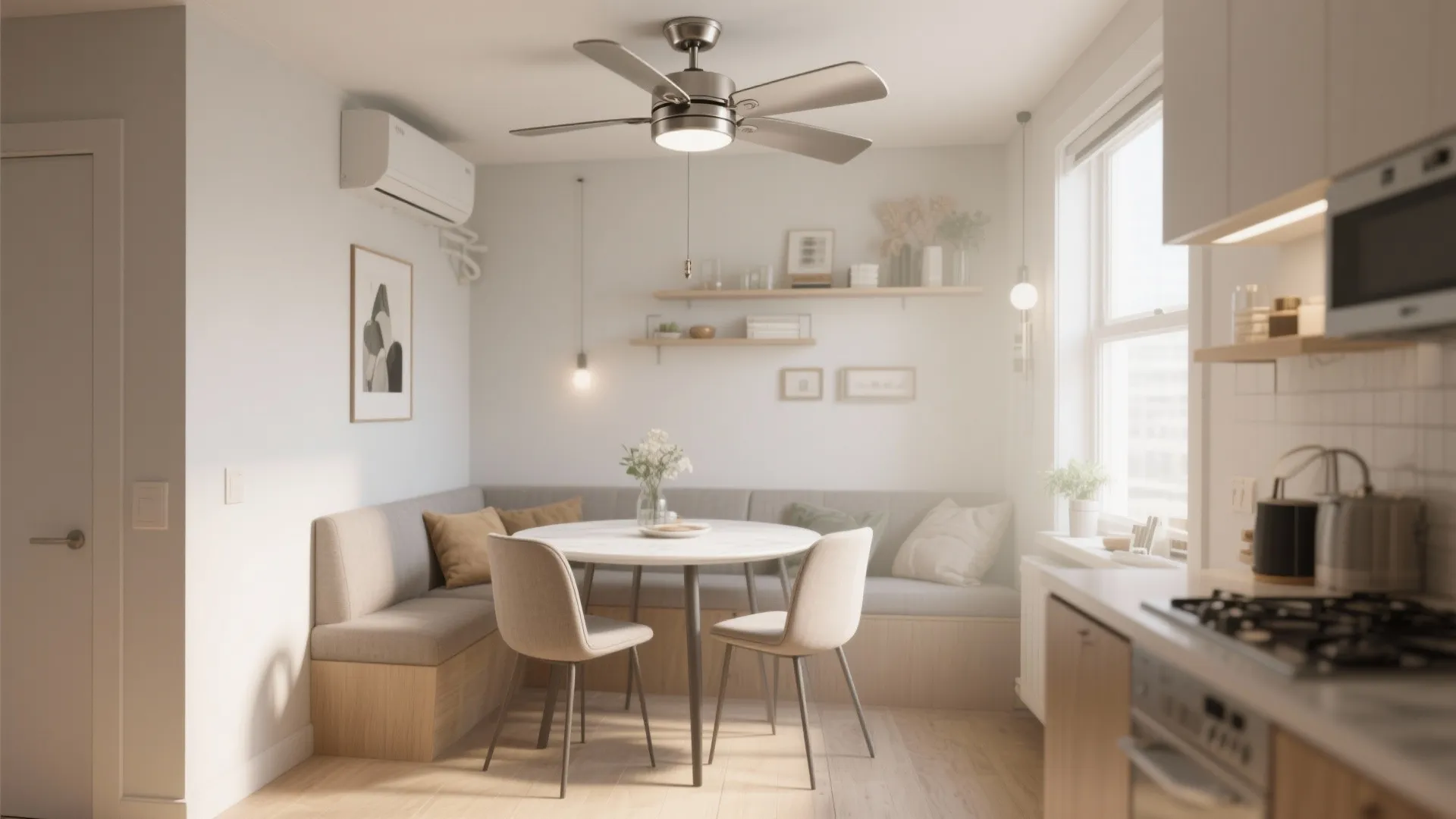 Compact dining nook with low-profile brushed nickel ceiling fan