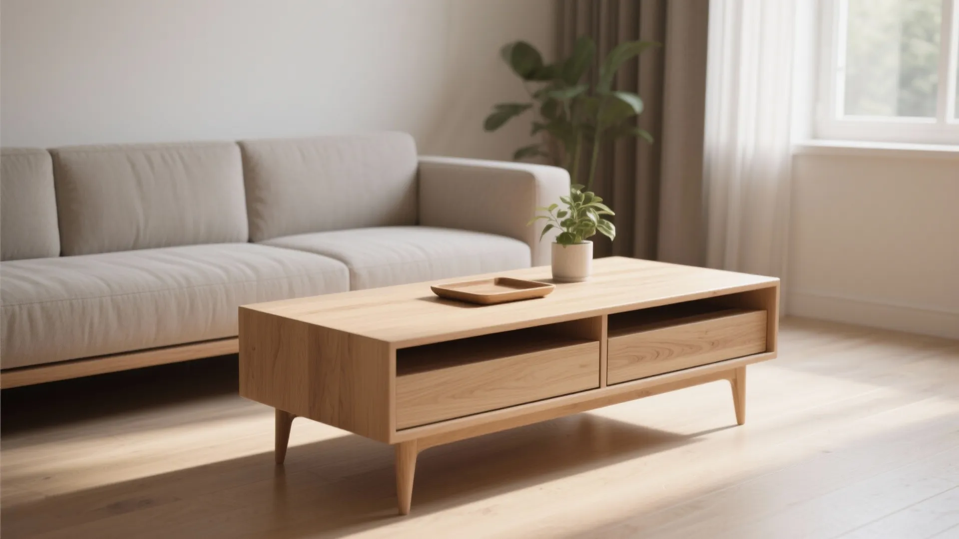 1. Low-profile rectangular table with hidden drawers