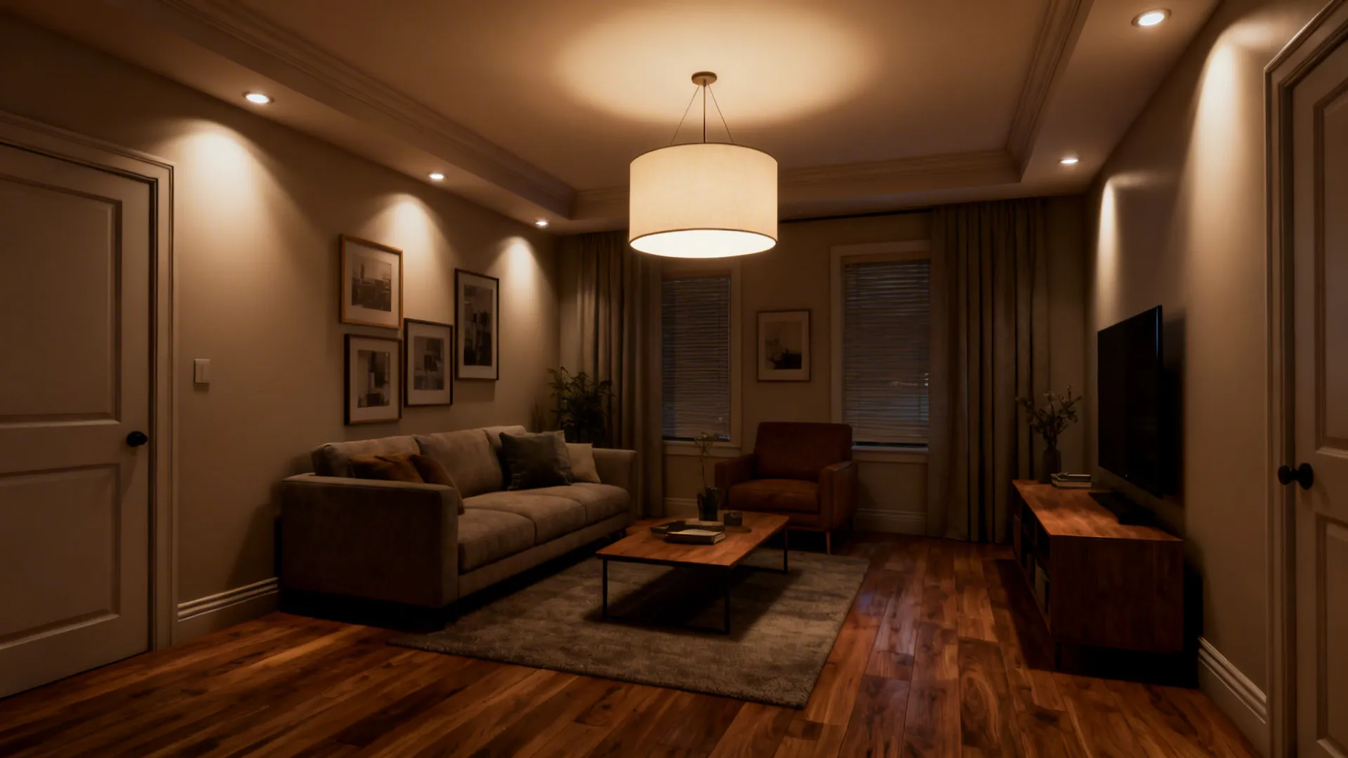 Small living room with a low-profile drum chandelier and layered downlights for cozy ambient illumination.
