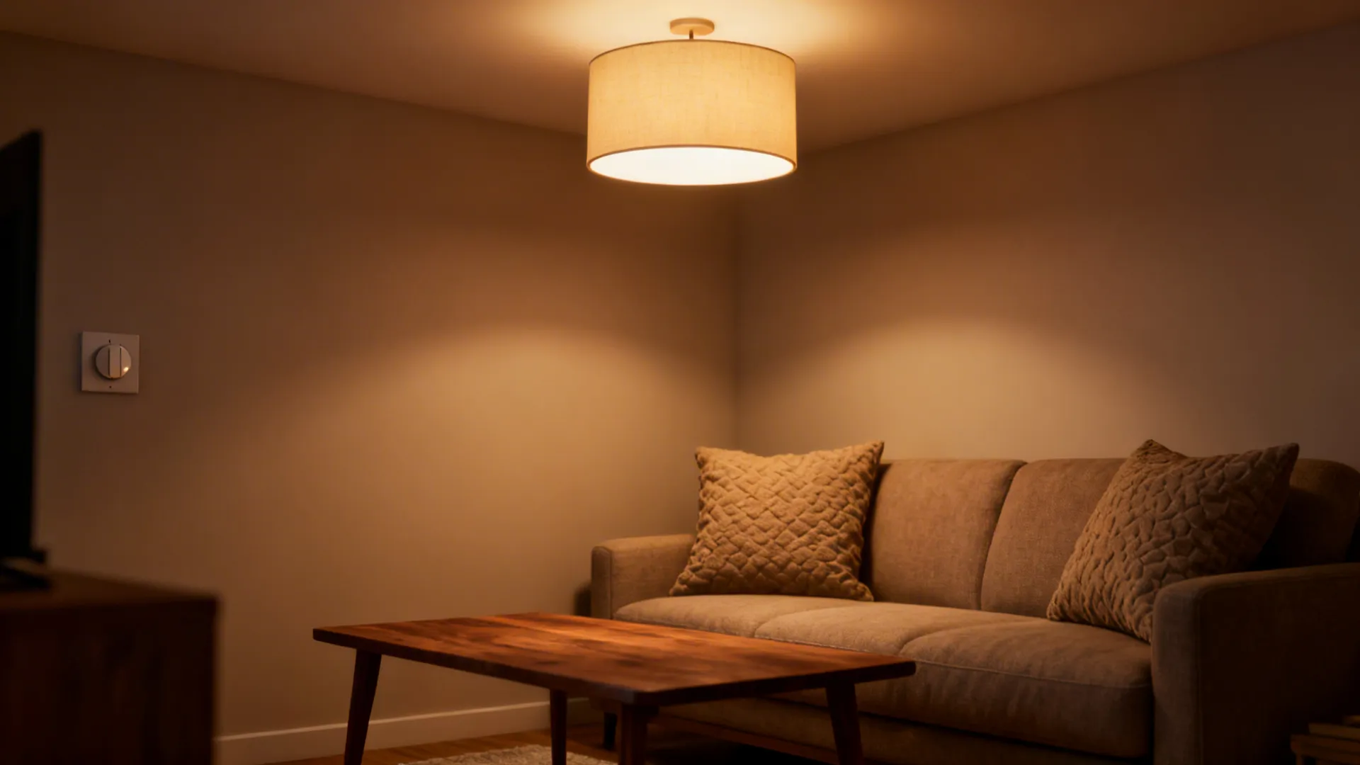 Low-profile drum shade close to the ceiling casting warm, diffused light in a small living room.