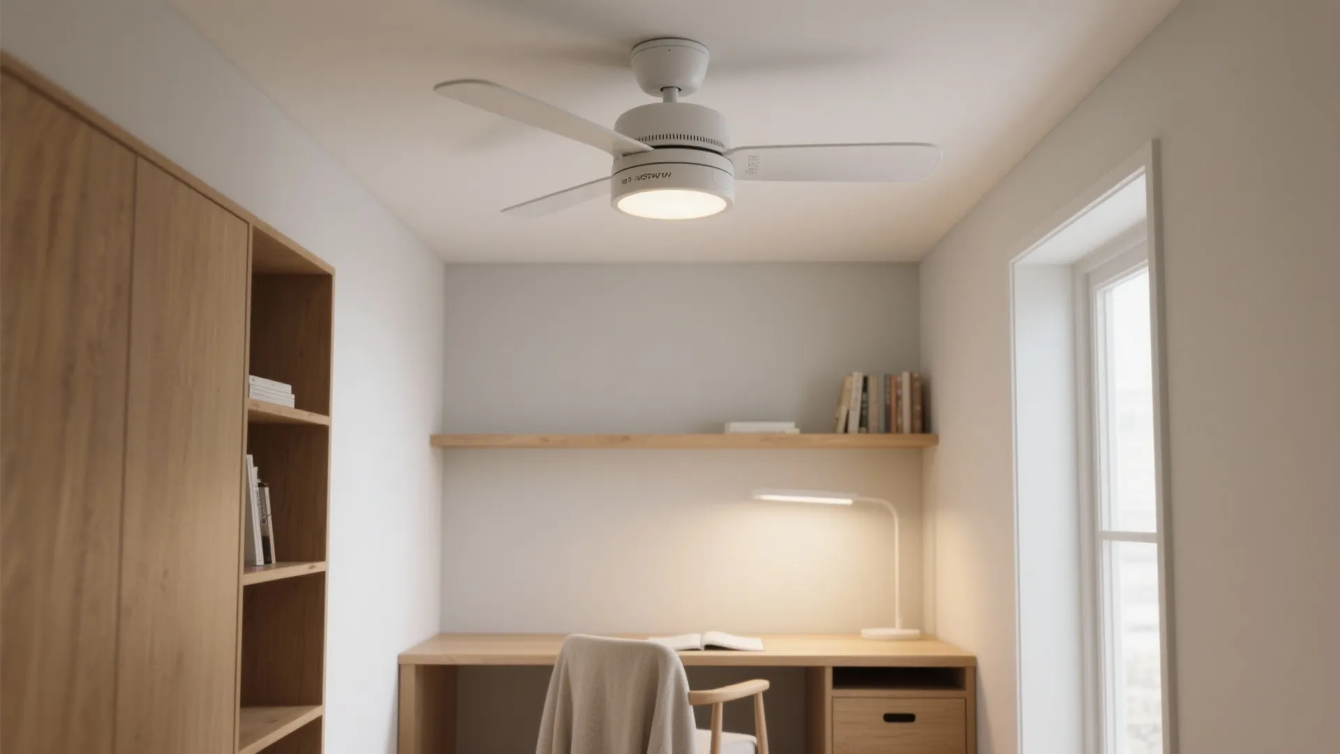 Modern home office with white ceiling fan, wooden desk, bookshelf, desk lamp, and bright light