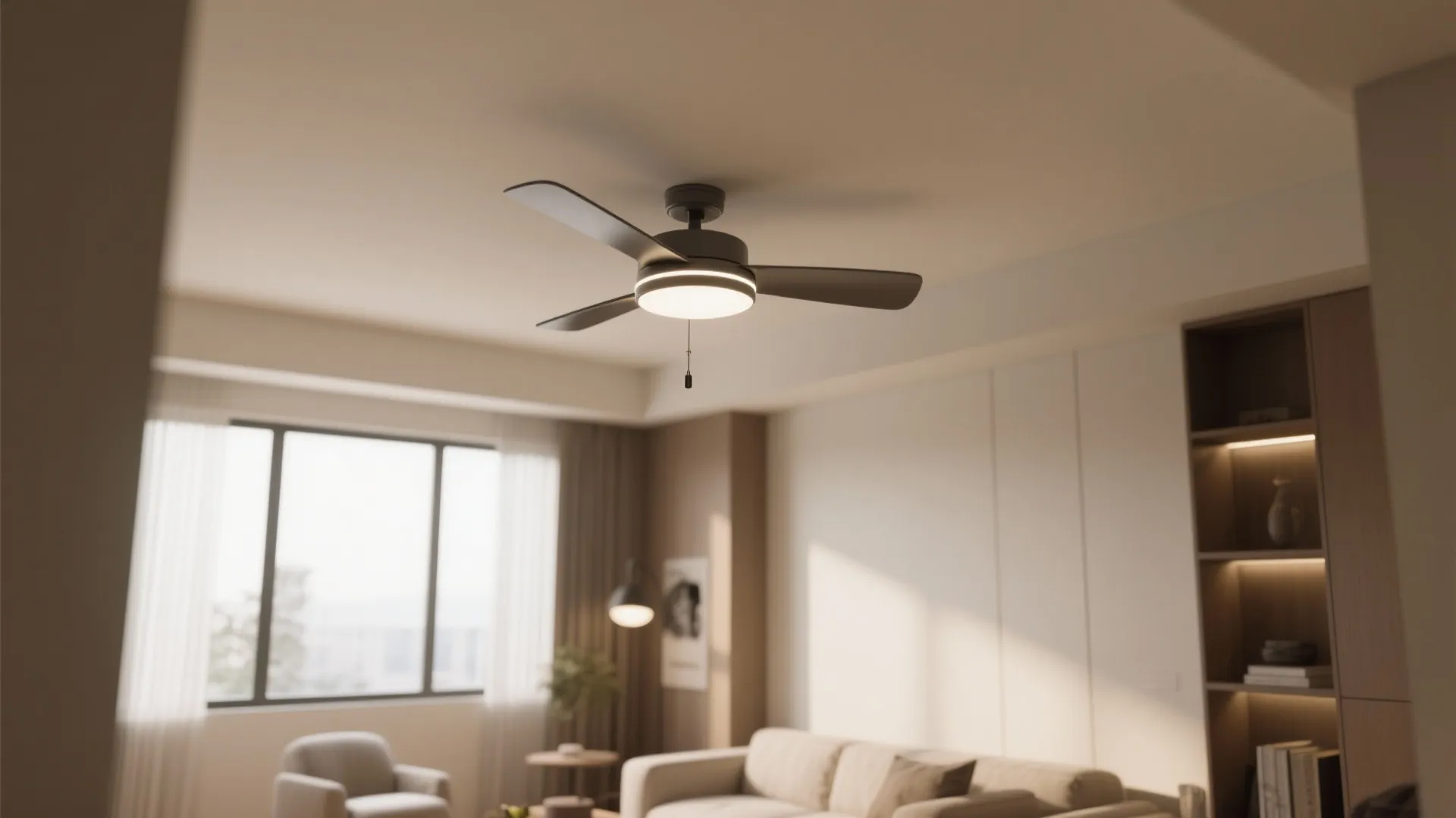 Modern black ceiling light with fan blades in a bright living room with beige sofa