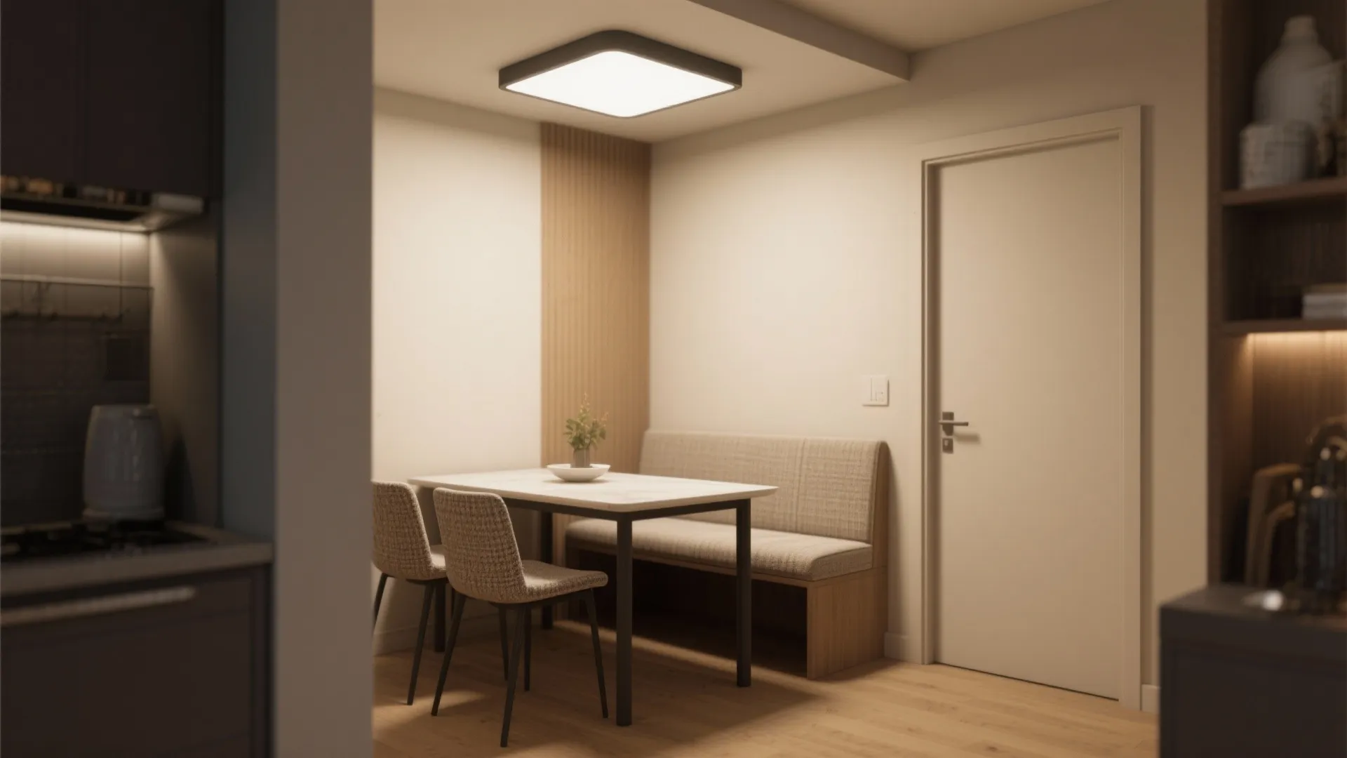 Small dining area with white table grey chairs wooden bench square ceiling light and door