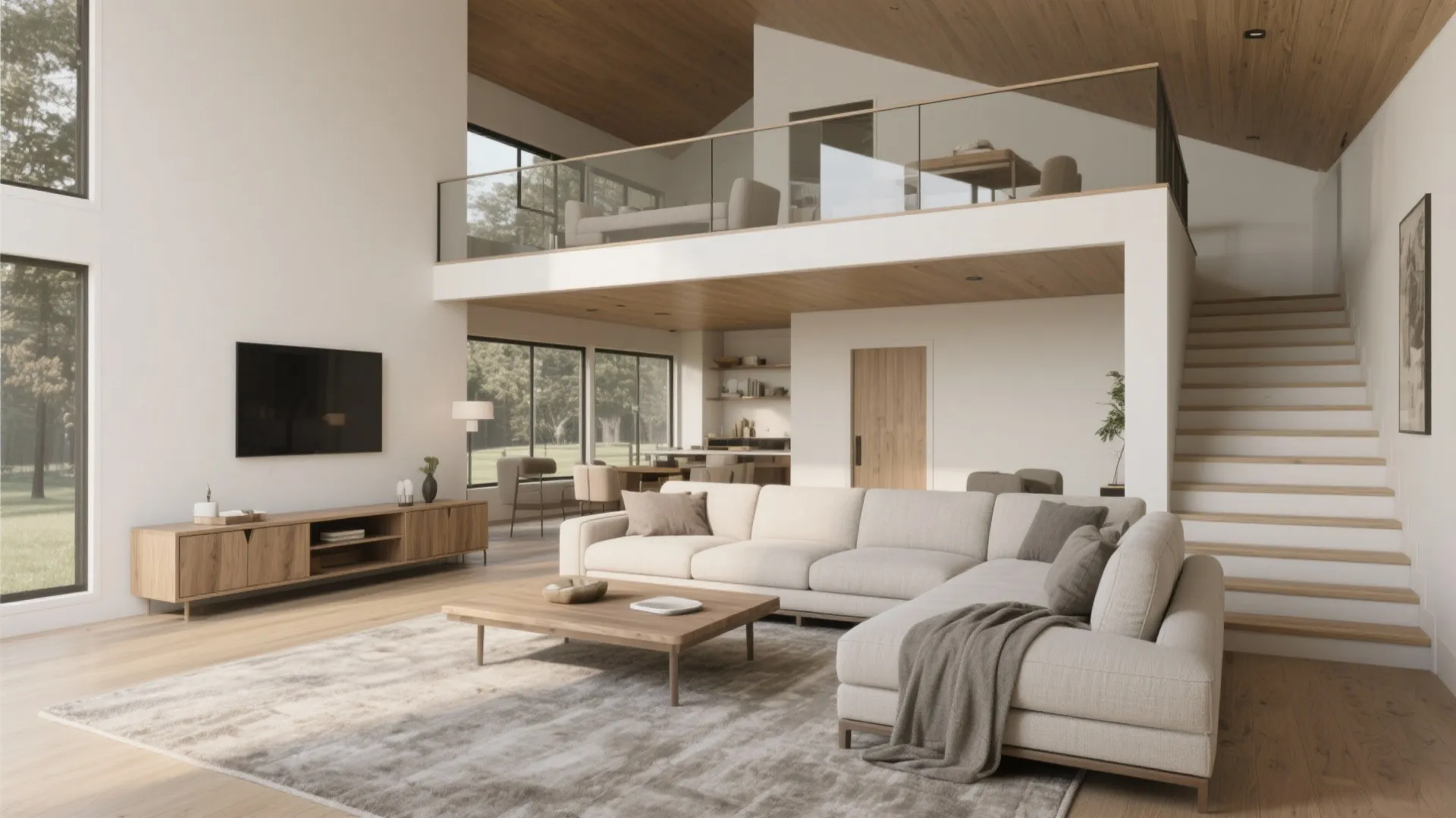 Modern open living room with cream sofa wooden coffee table stairs and second floor loft design