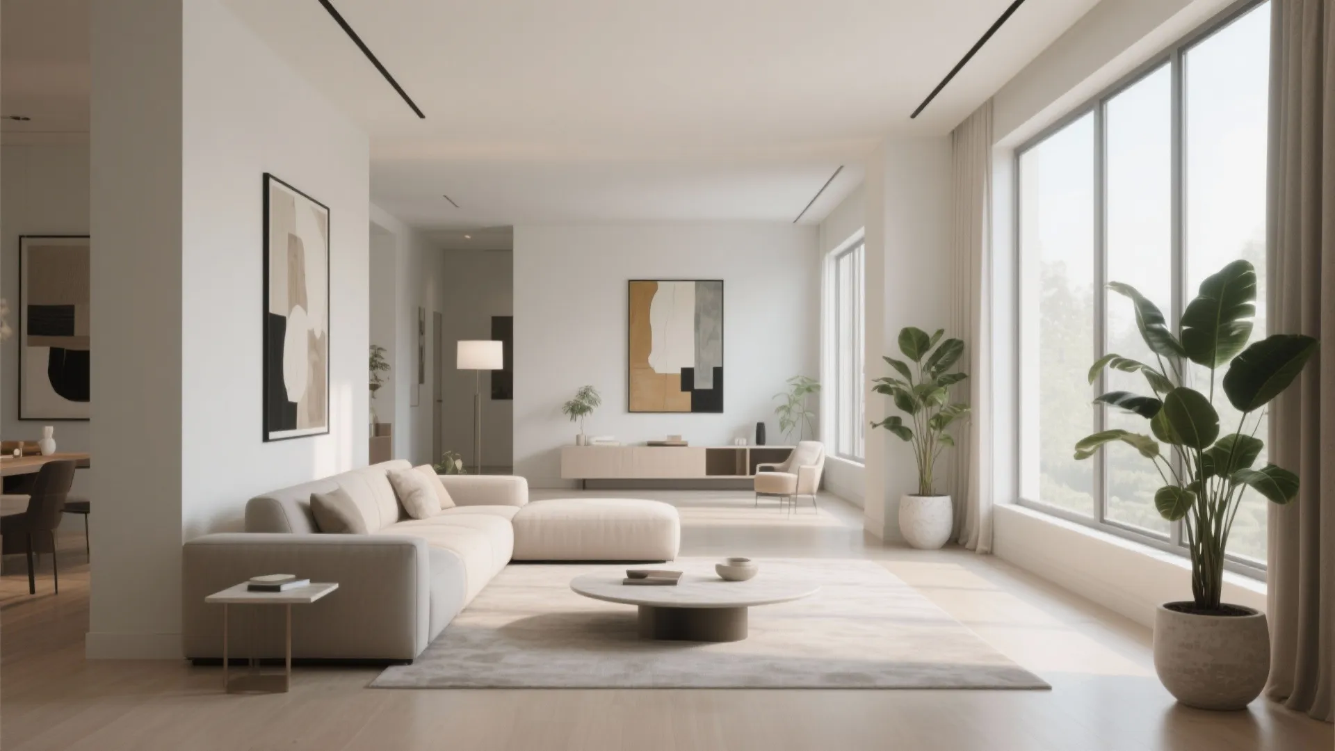 Minimalist living room with beige sofa, round coffee table, plants, wall art, and large windows.