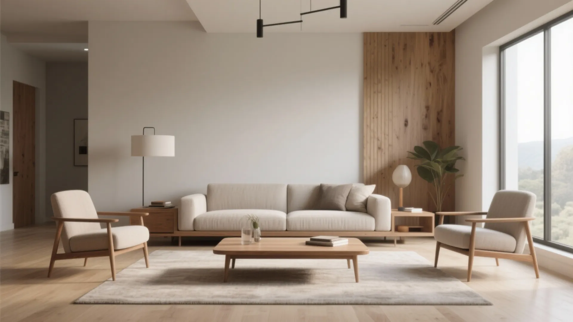 Minimalist living room with low sofa wooden coffee table two armchairs and a wall panel