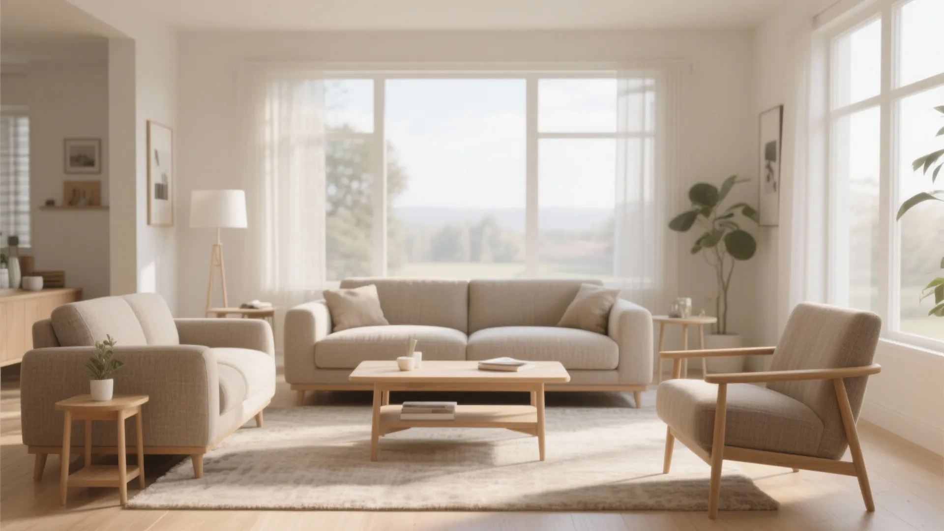 Bright living room with beige sofas wooden coffee table floor lamp and large windows showing nature