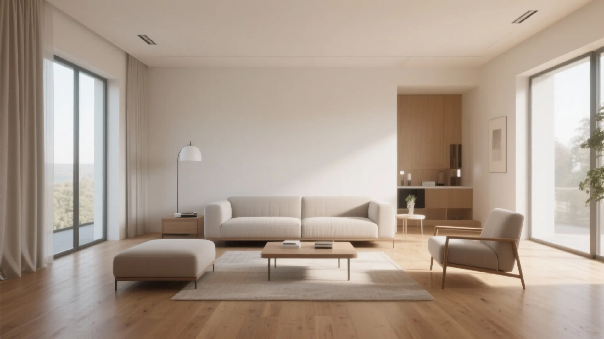 Low-profile sofa and slim armchairs in a living room