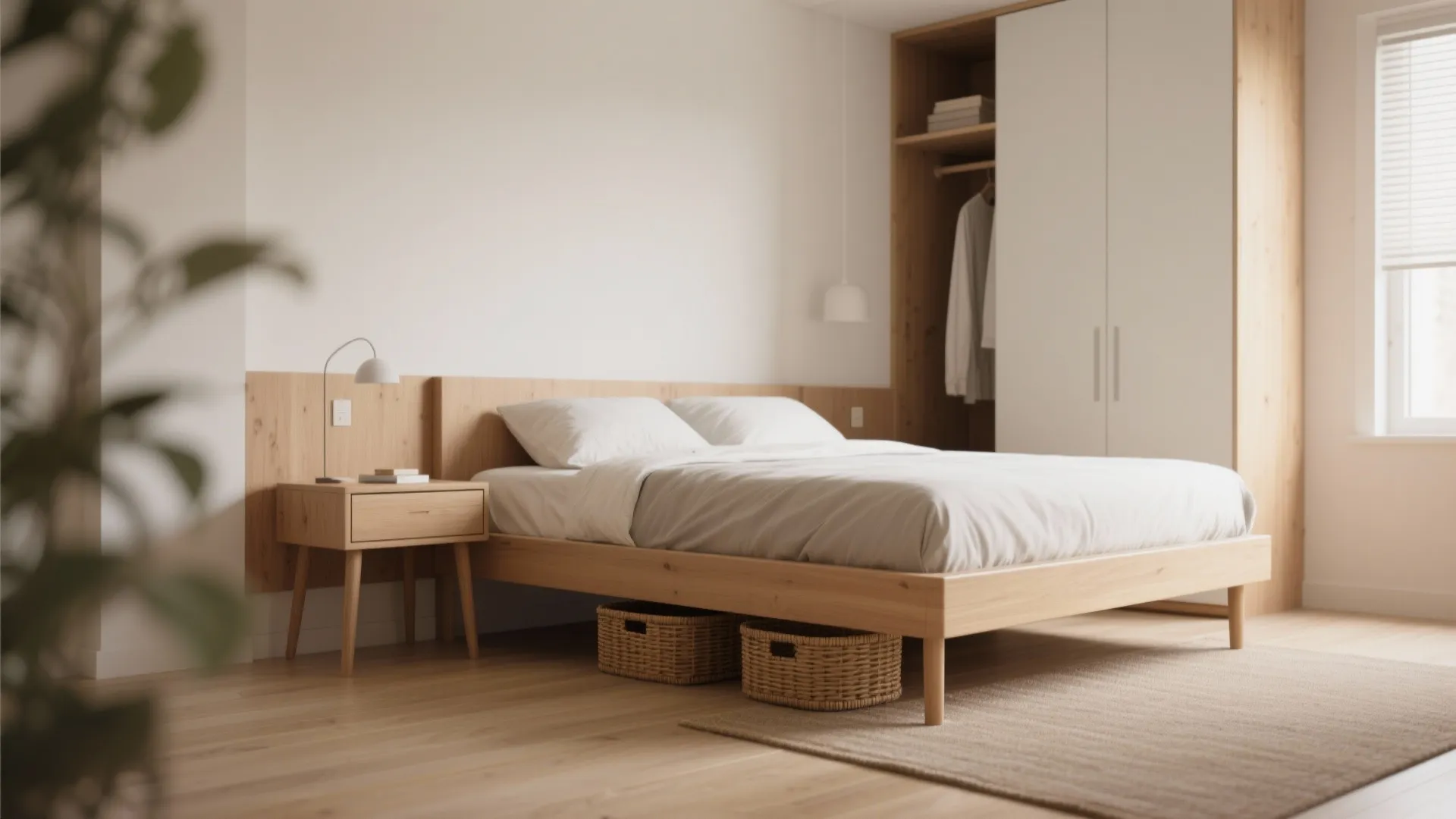 Minimalist wood bed with white bedding beside a wooden nightstand and a large white wardrobe