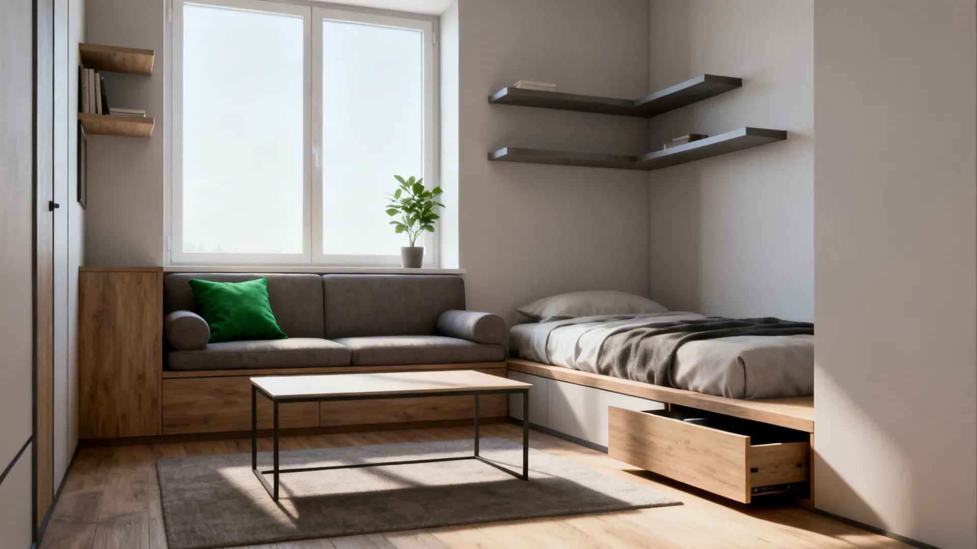 Small room with grey sofa next to bed having storage drawer and wooden coffee table