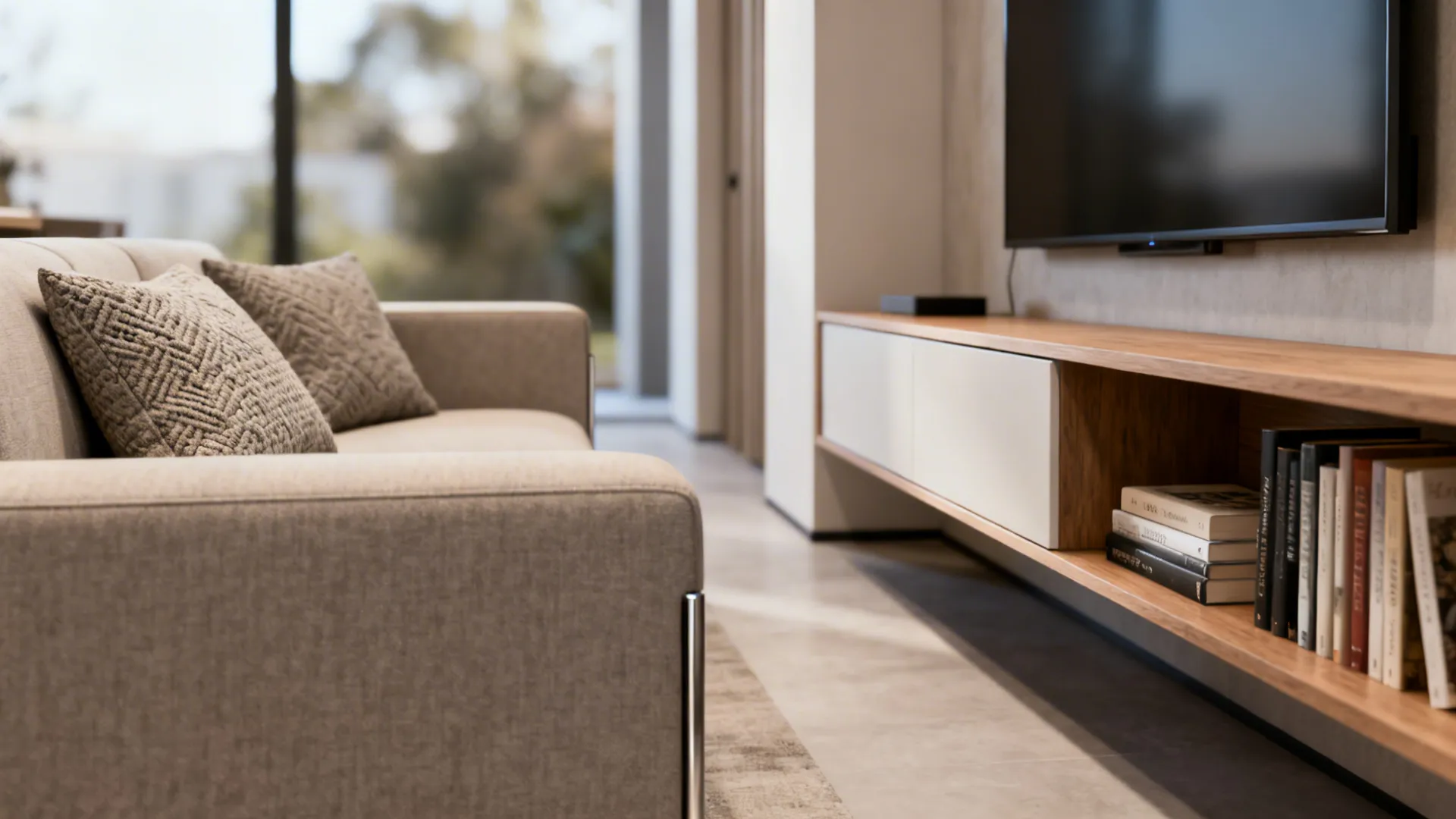 Low-back sofa and floating media unit keeping sightlines open in a narrow living room.