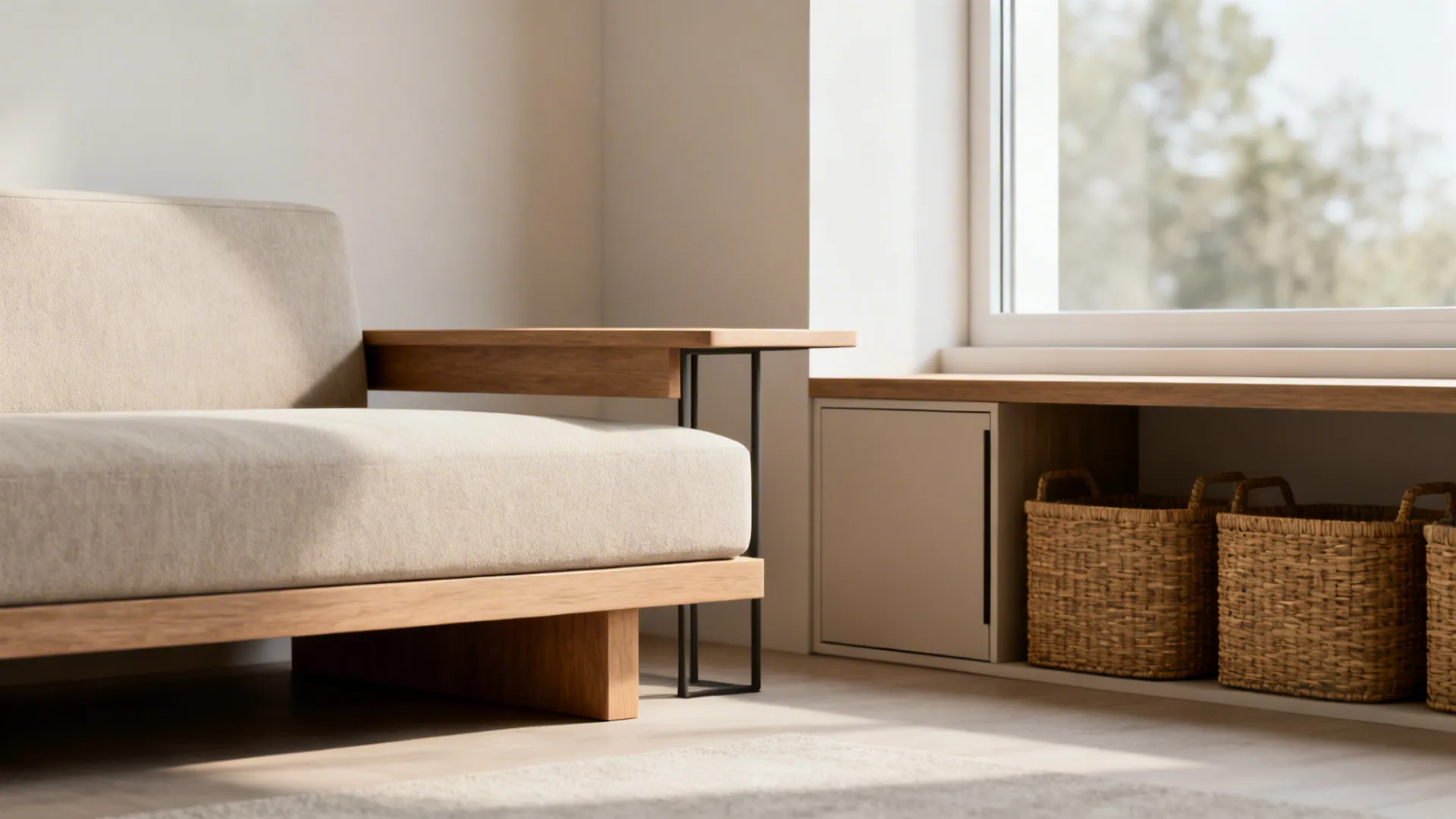 Modern beige sofa with wooden base next to window bench containing three woven storage baskets
