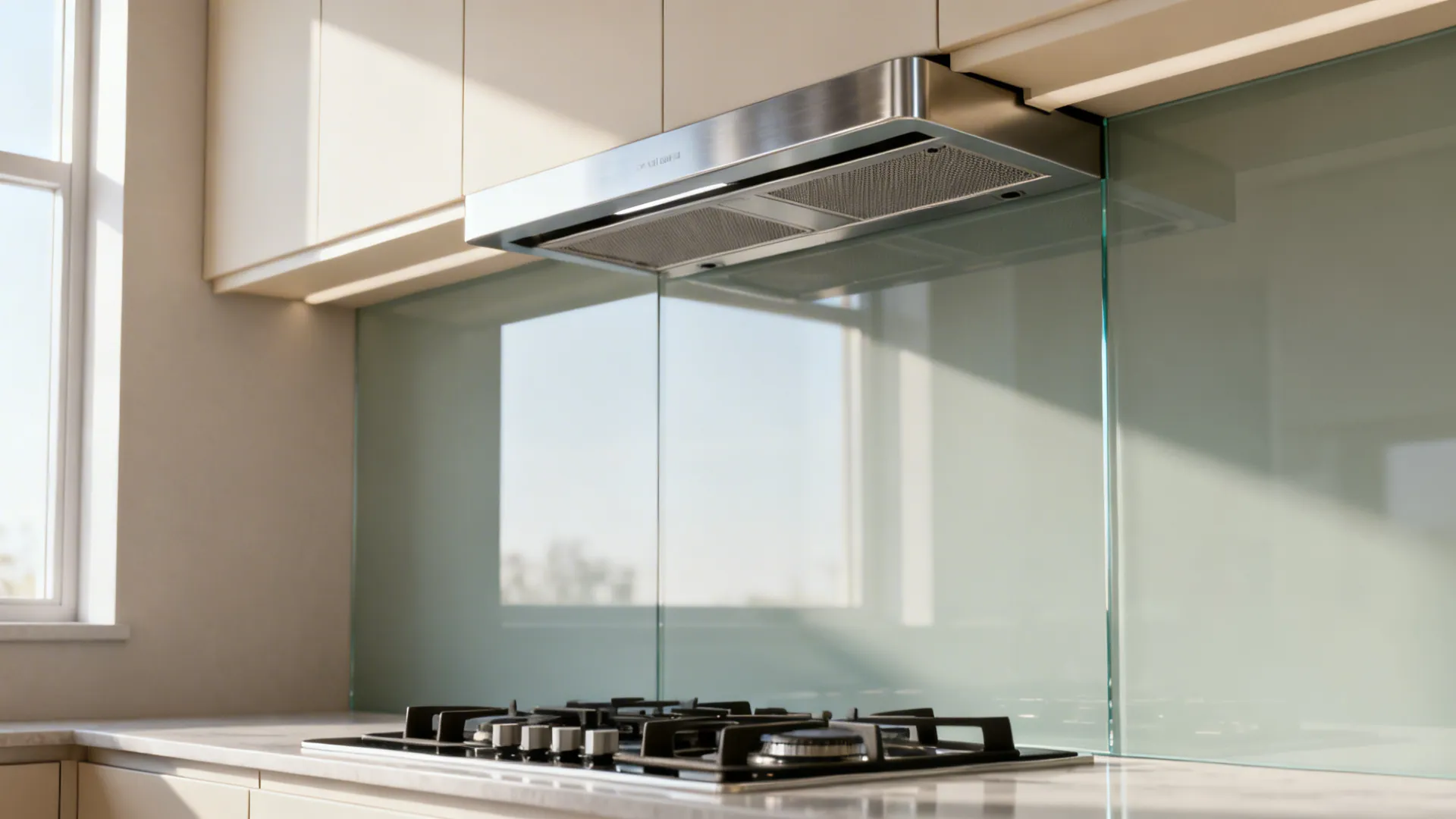 Low-profile canopy hood with a full-height low-iron tempered glass backsplash reflecting daylight.
