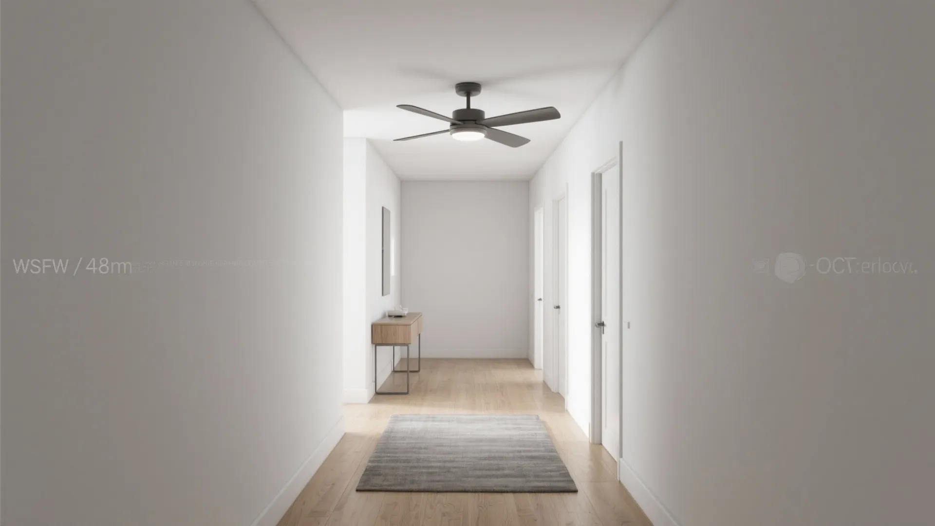 Narrow hall with slim 48-inch flush-mount ceiling fan, blades at safe height, minimal decor and pale oak flooring in soft daylight.