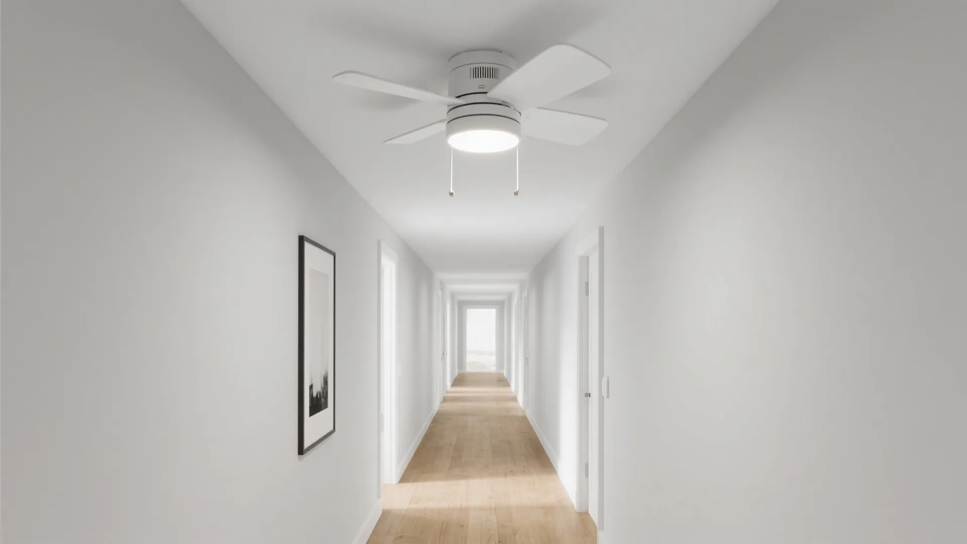 Low-profile ceiling fans for narrow halls