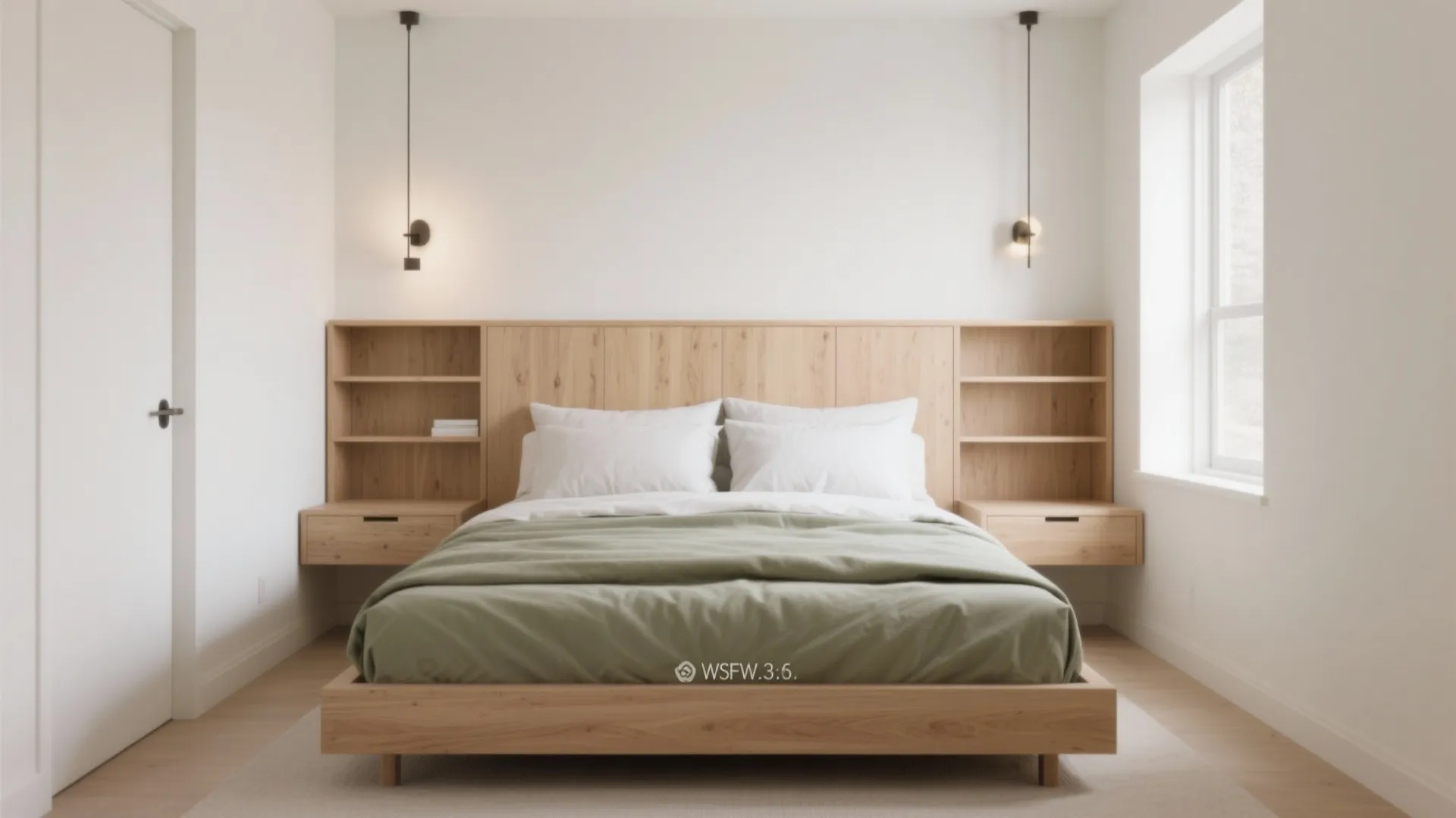 Minimalist bedroom featuring wooden bed green bedding wood headboard with built in shelves and window