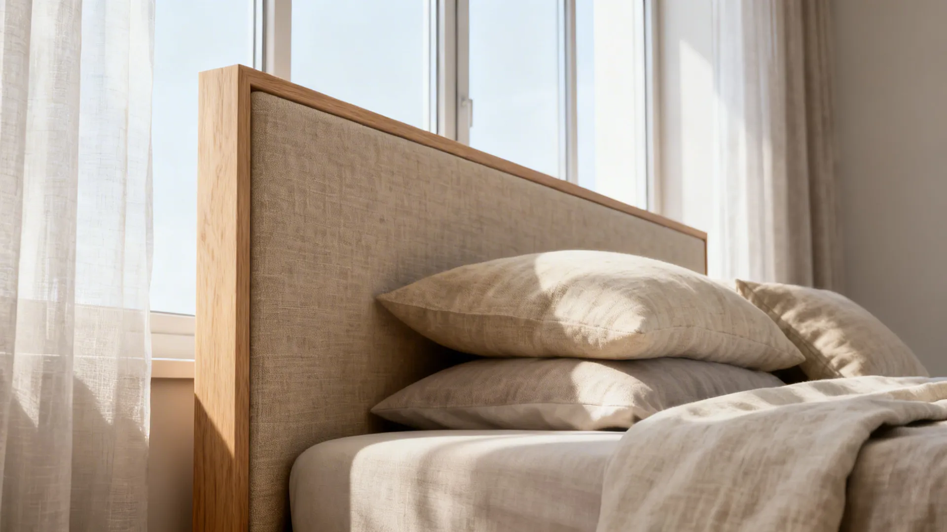 Modern wooden bed headboard with light brown fabric padding next to a bright sunny bedroom
