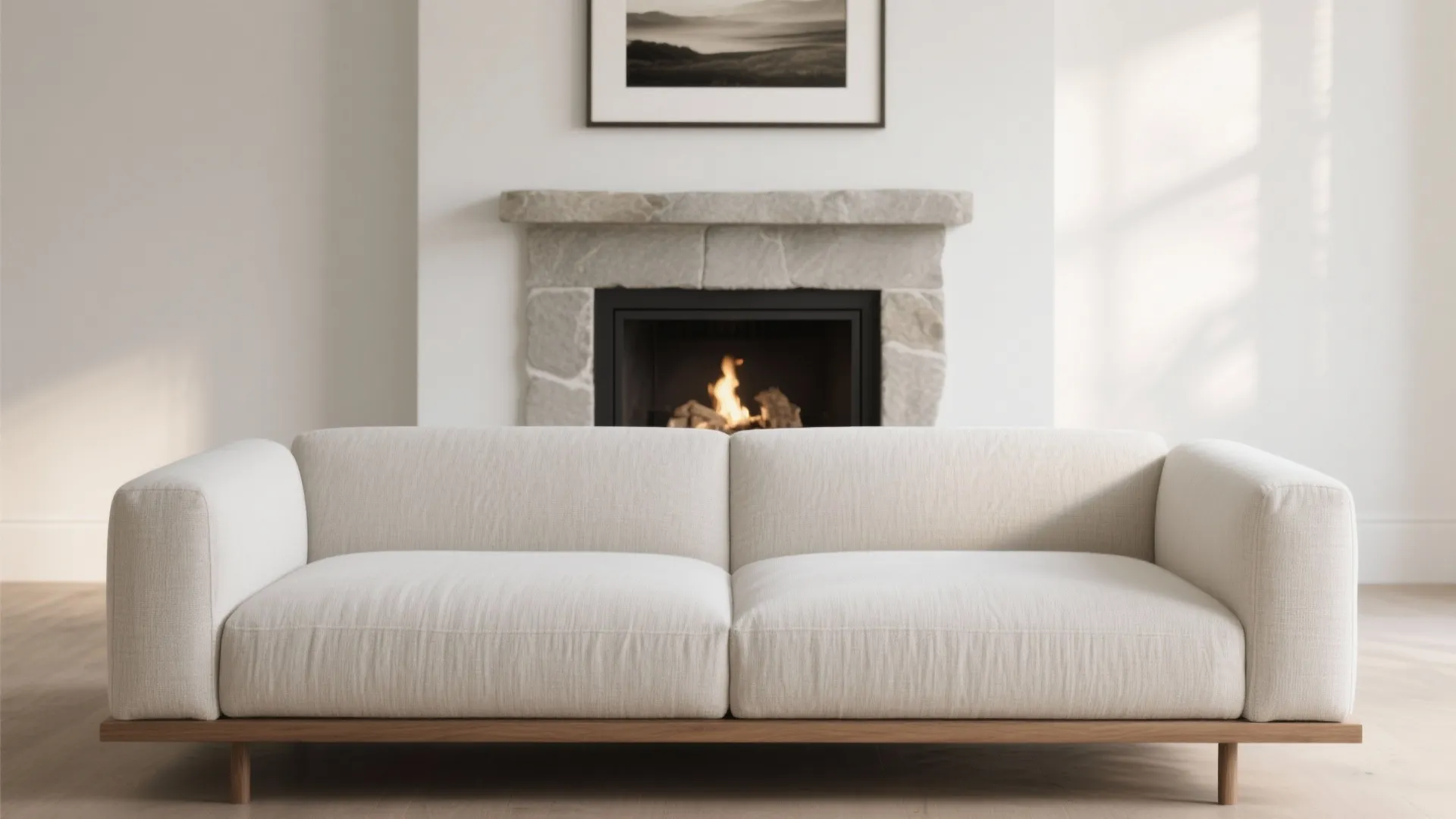 Choose a low-profile sectional and a slim hearth for clean sightlines
