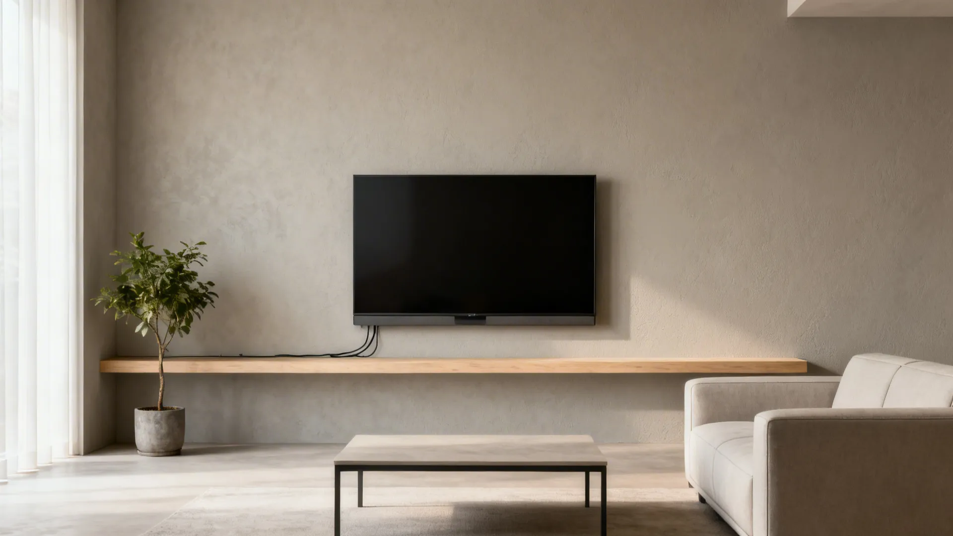 Ultra-slim wall-mounted TV on a matte panel with hidden cables in a minimalist living room.