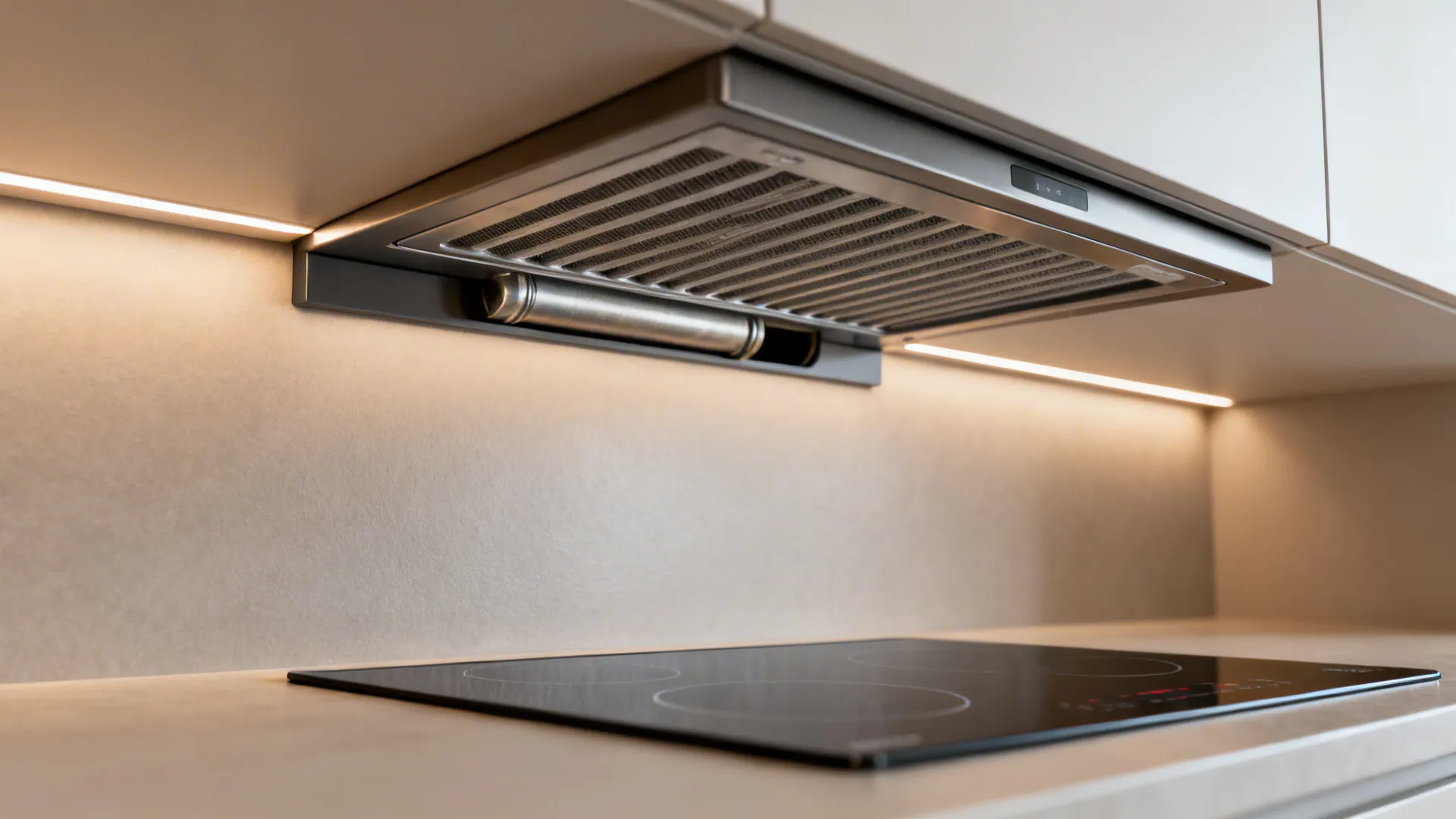 Macro of low-profile hood insert and induction cooktop in a compact setup