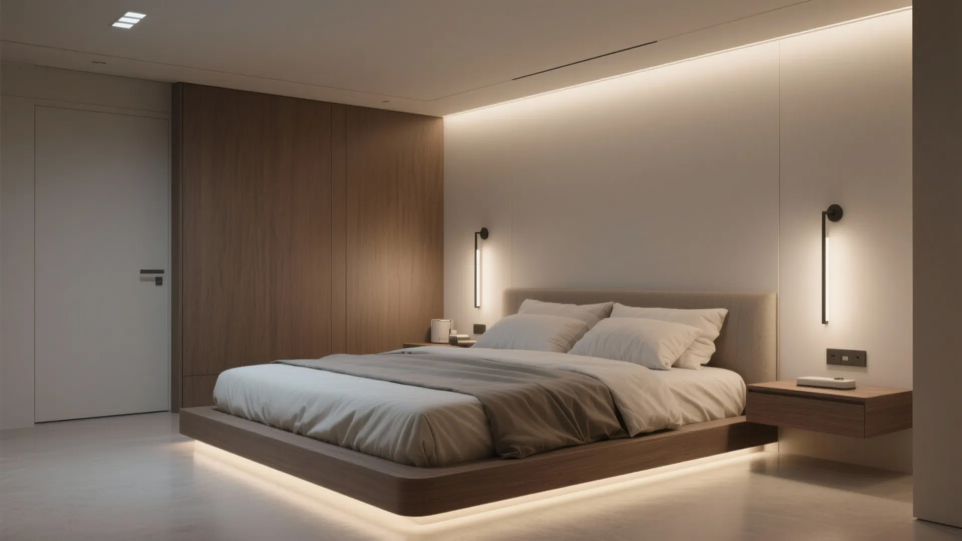 Minimalist bedroom with wooden bed frame wall lights white walls dark wood door and hidden lighting