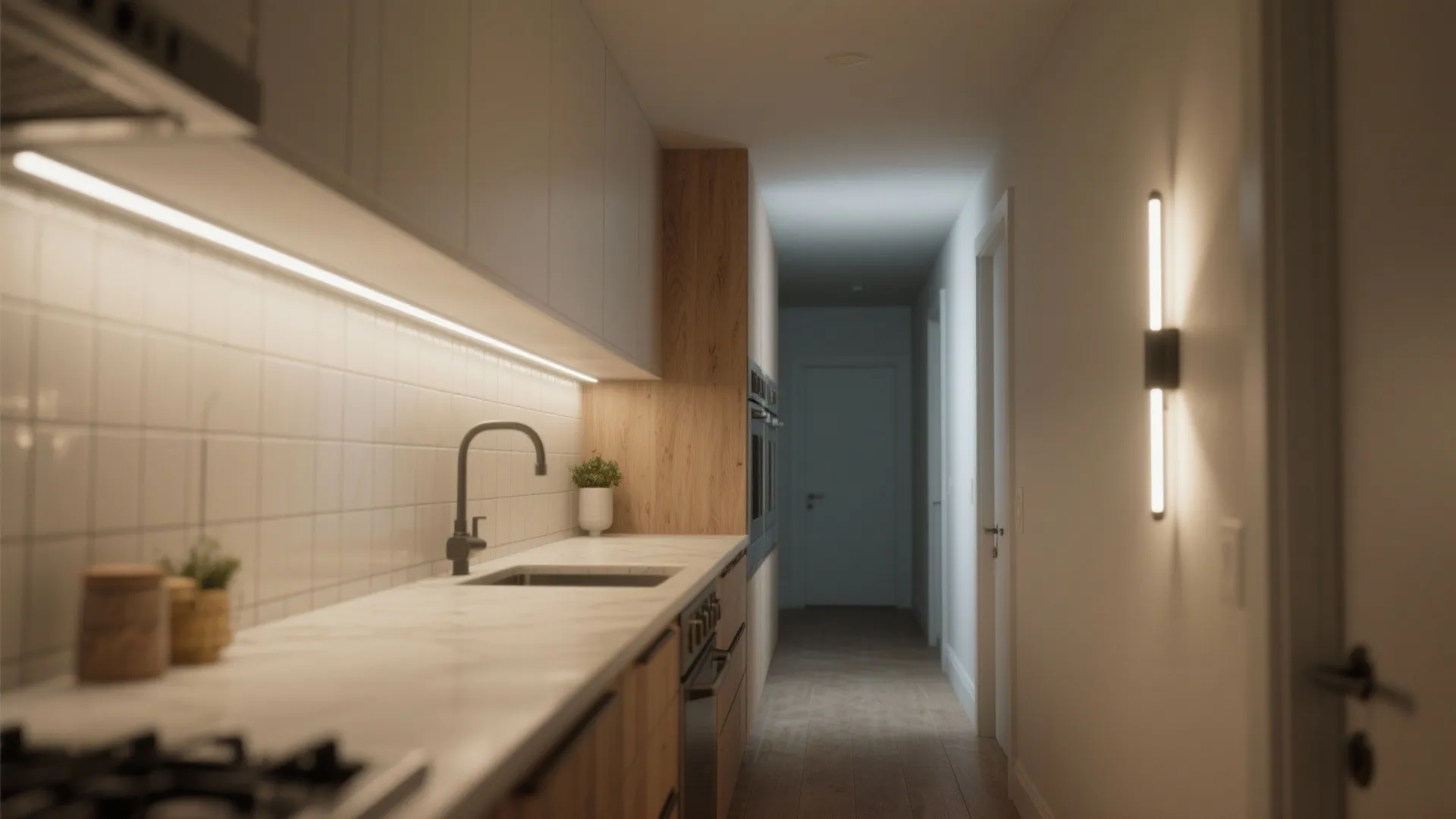 5. Layered low-profile sconces in kitchens and halls