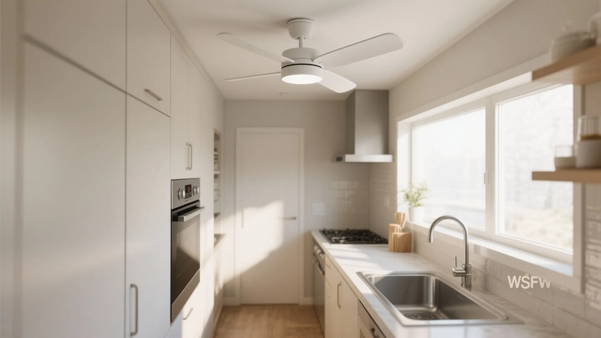 Small galley kitchen with slim low-profile white ceiling fan