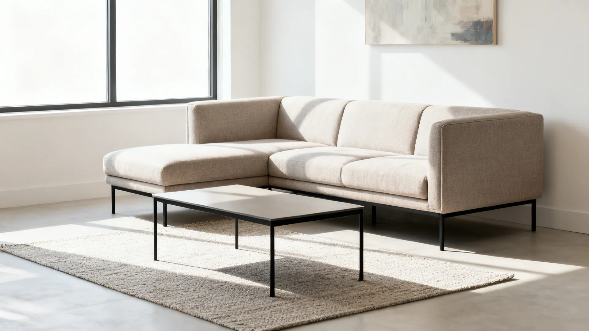 Low-profile L sofa with slim legs in a bright small drawing room with open sightlines.