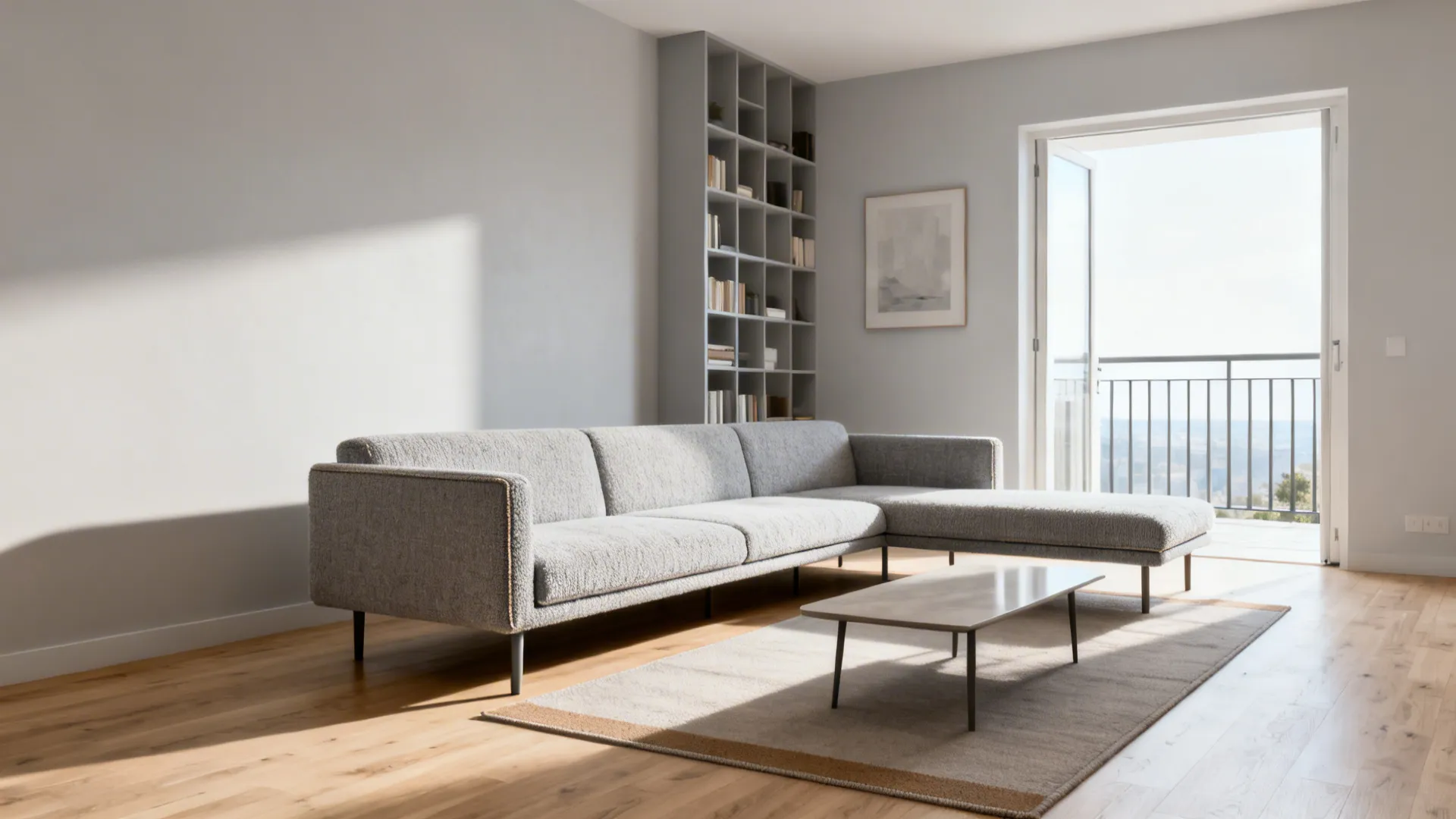 Low-profile L-shaped sofa with slim arms keeping sightlines open to a bright balcony in a modern small living room.