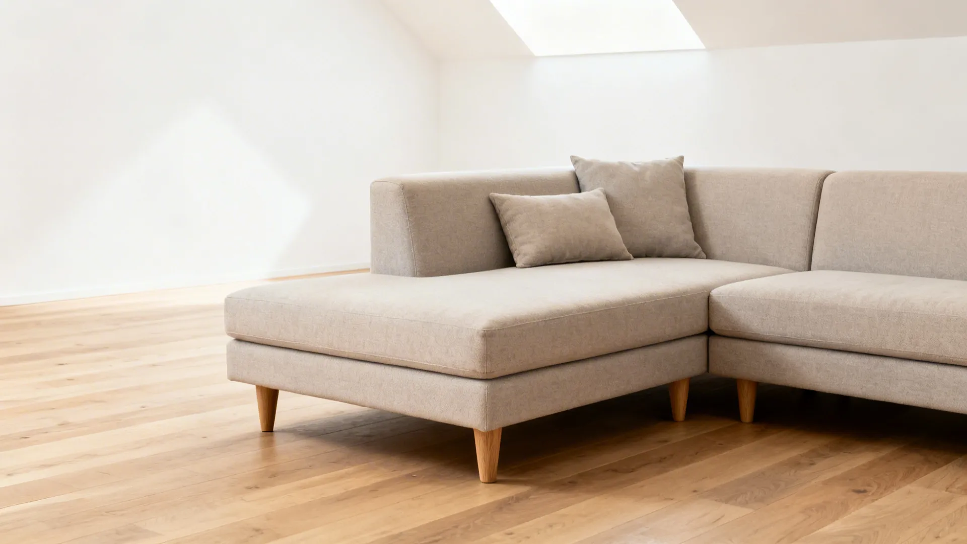 Modern light grey sofa on a wooden floor in a clean room with white walls