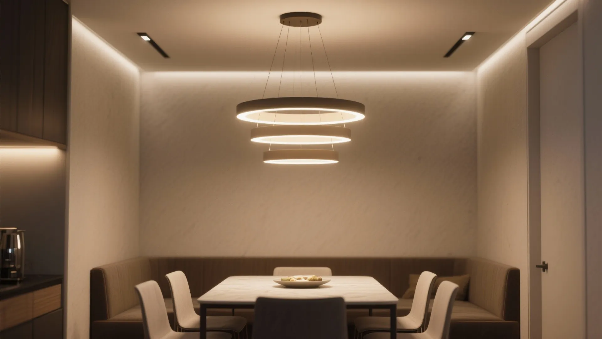 Modern dining nook with a low-profile tiered LED chandelier close to the ceiling, warm dimmable lighting and minimalist decor.